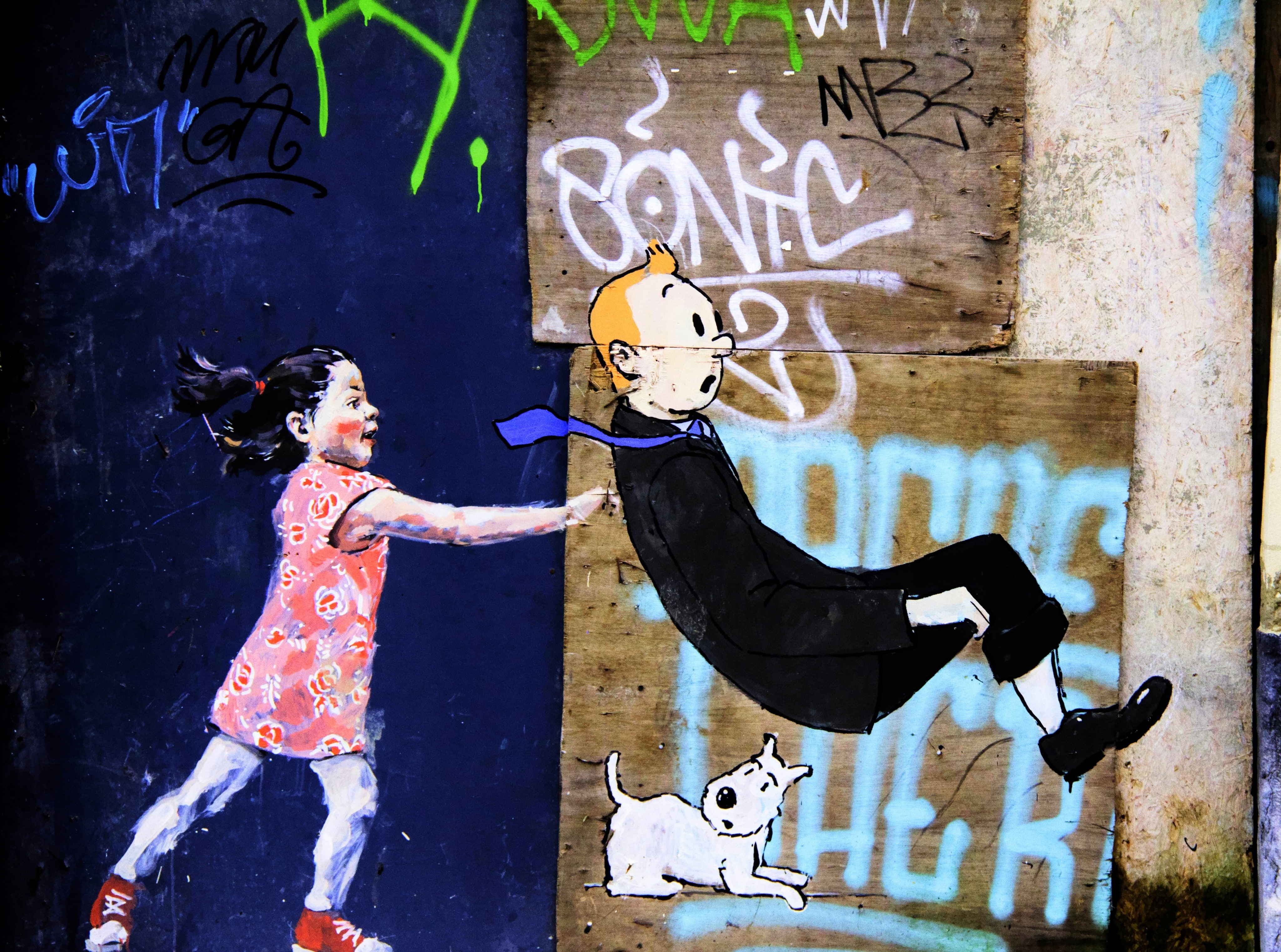 4K, art, animal wildlife, illustration, Tintin, street art, Monument, brussels, Europa, aponte, wall - building feature, child, timtim, mural, belgica, HD Wallpaper