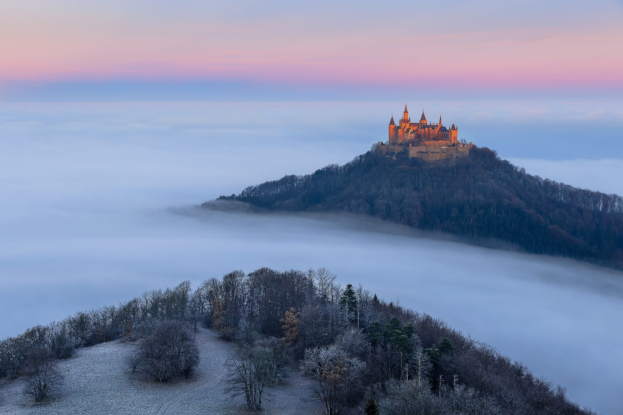 Germany, cold morning, fog, autumn, Baden-württemberg, castle Hohenzollern, November, 1080P, HD Wallpaper