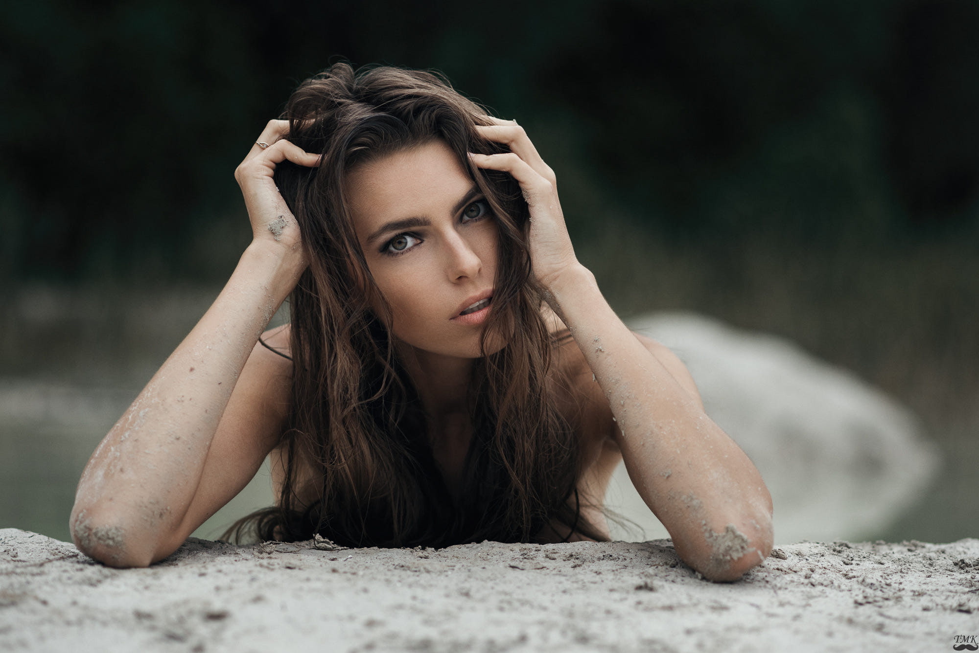 long hair, brunette, women, strategic covering, tanned, Tomash Masojc, sand, bare shoulders, face, 1080P, portrait, hands in hair, women outdoors, depth, HD Wallpaper