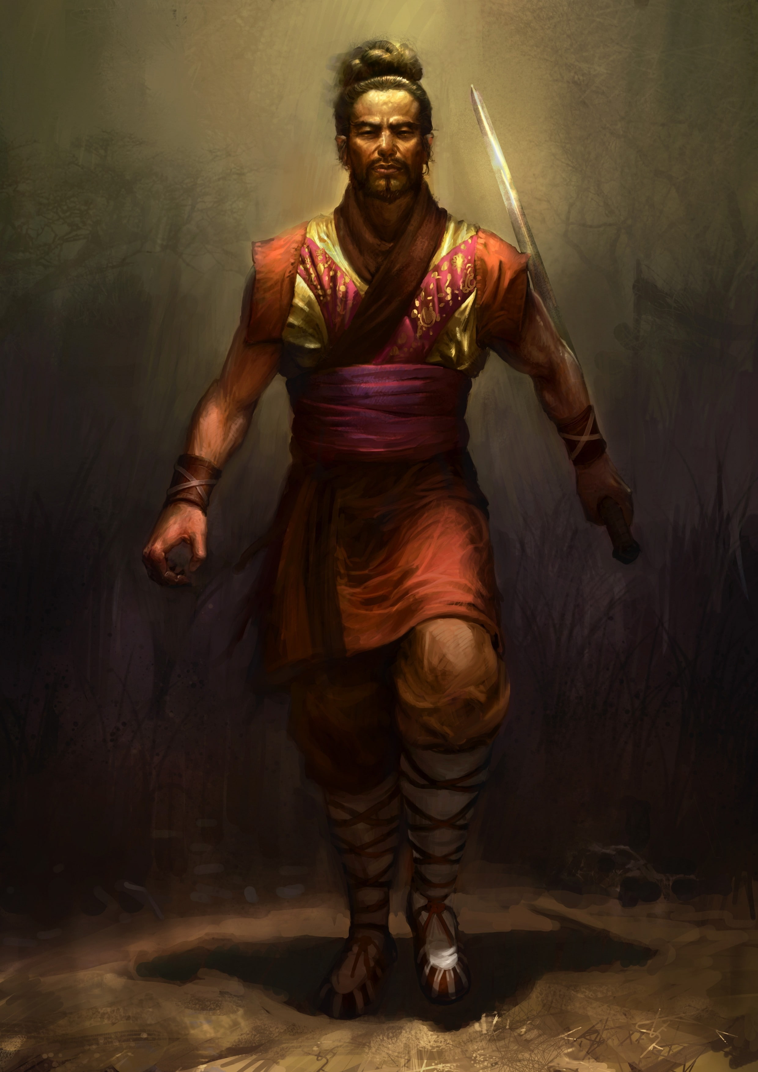 standing, looking at camera, warrior sun tzu looking at viewer long hair ancient old fantasy art weapon katana sword shining lights chinese shadow, mid adult, Phone HD Wallpaper