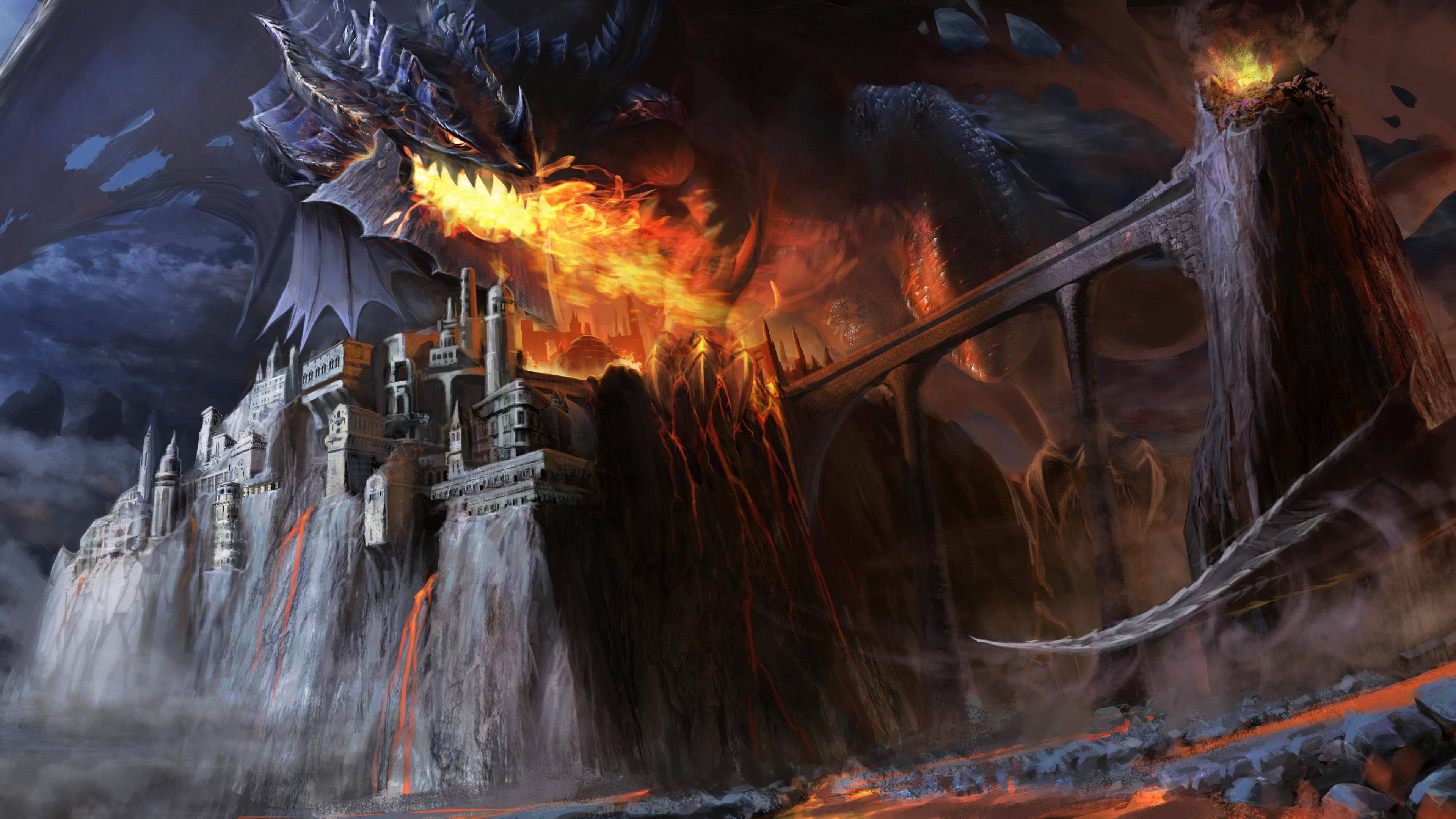 castle, fire, fantasy, smoke, bridge, 4K, art, game, black, Dragon, application, d, lava, HD Wallpaper
