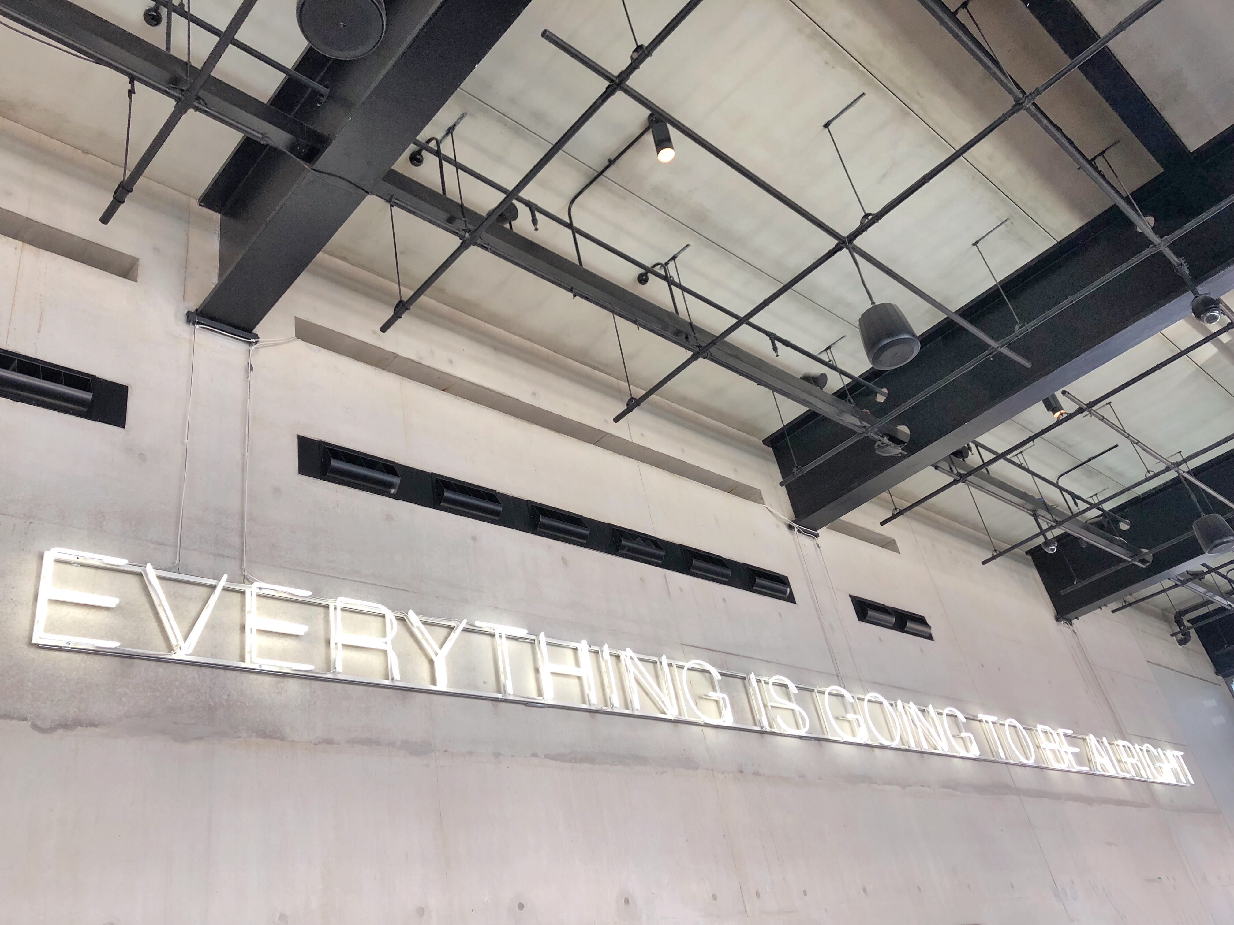 everything is going to be alright, screensaver, message, lighting equipment, building, hangar, railing, sentiment, london, uk, tate modern, ceiling fan, HD Wallpaper