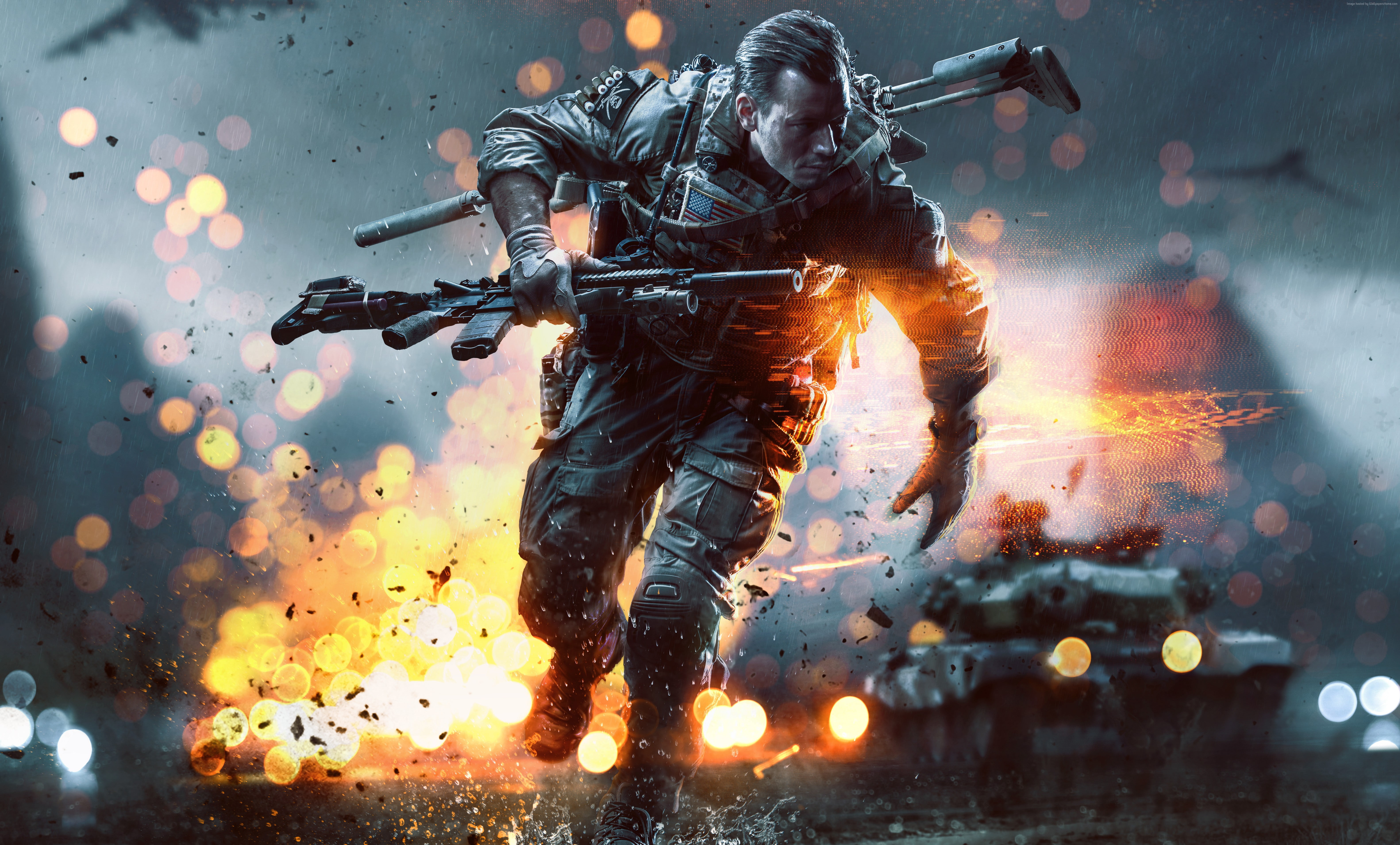 gun, fire, screenshot, shooter, PC, 5k, tank, soldier, 5K, Battlefield Hardline, 4k, bokeh, battleground, game, 2015, HD Wallpaper