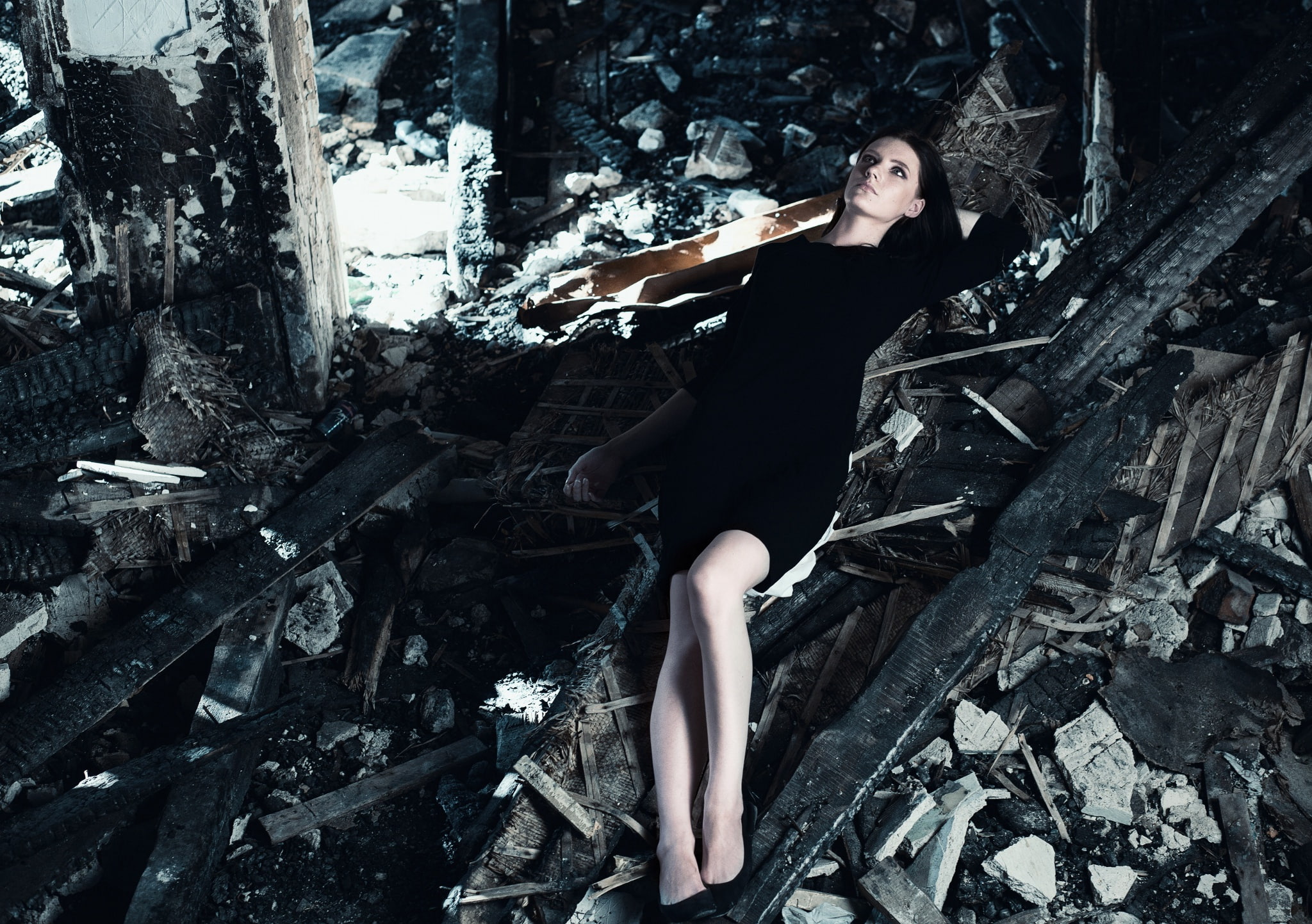garbage, the wreckage, black, lies, dress, devastation, shoes, girl, brunette, pose, Mike Shatikhin, light, reverie, portrait, model, young, 1080P, russian, HD Wallpaper