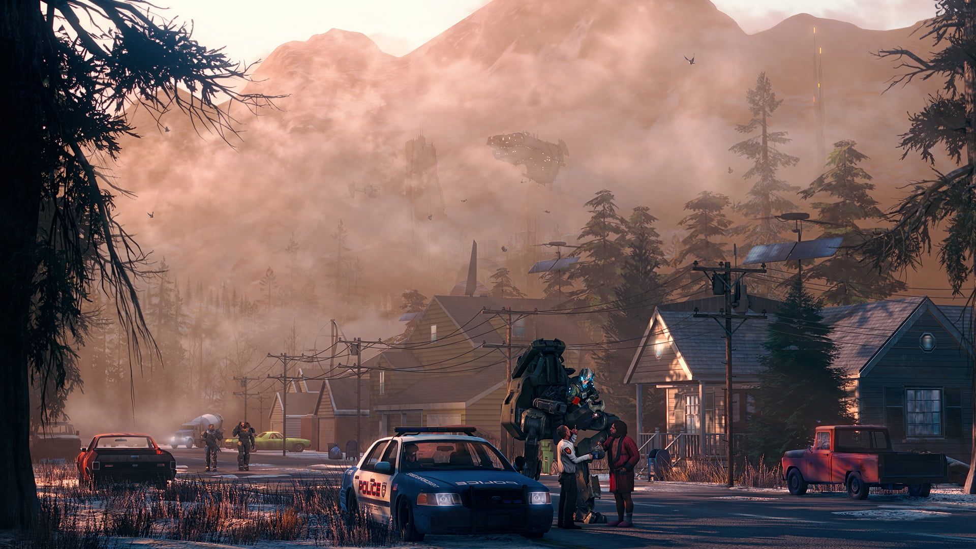 group of people, incidental people, robot, morning, sign, sky, motor vehicle, tree, the city, road, patrol, mode of transportation, plant, fog, architecture, HD Wallpaper