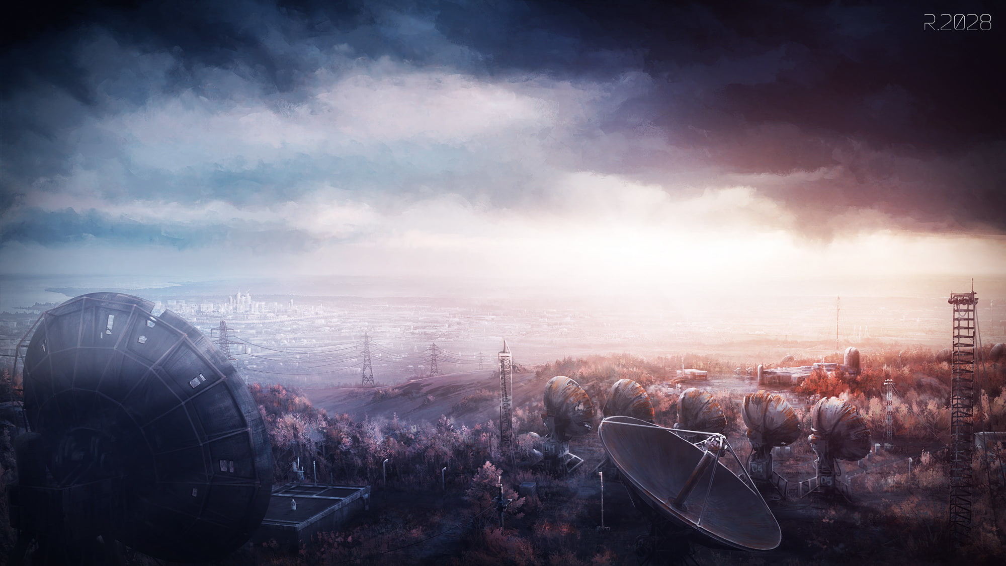 tower, clouds, wire, the sky, postapokalipsis, nature, the city, yu-kun, 1080P, art, HD Wallpaper