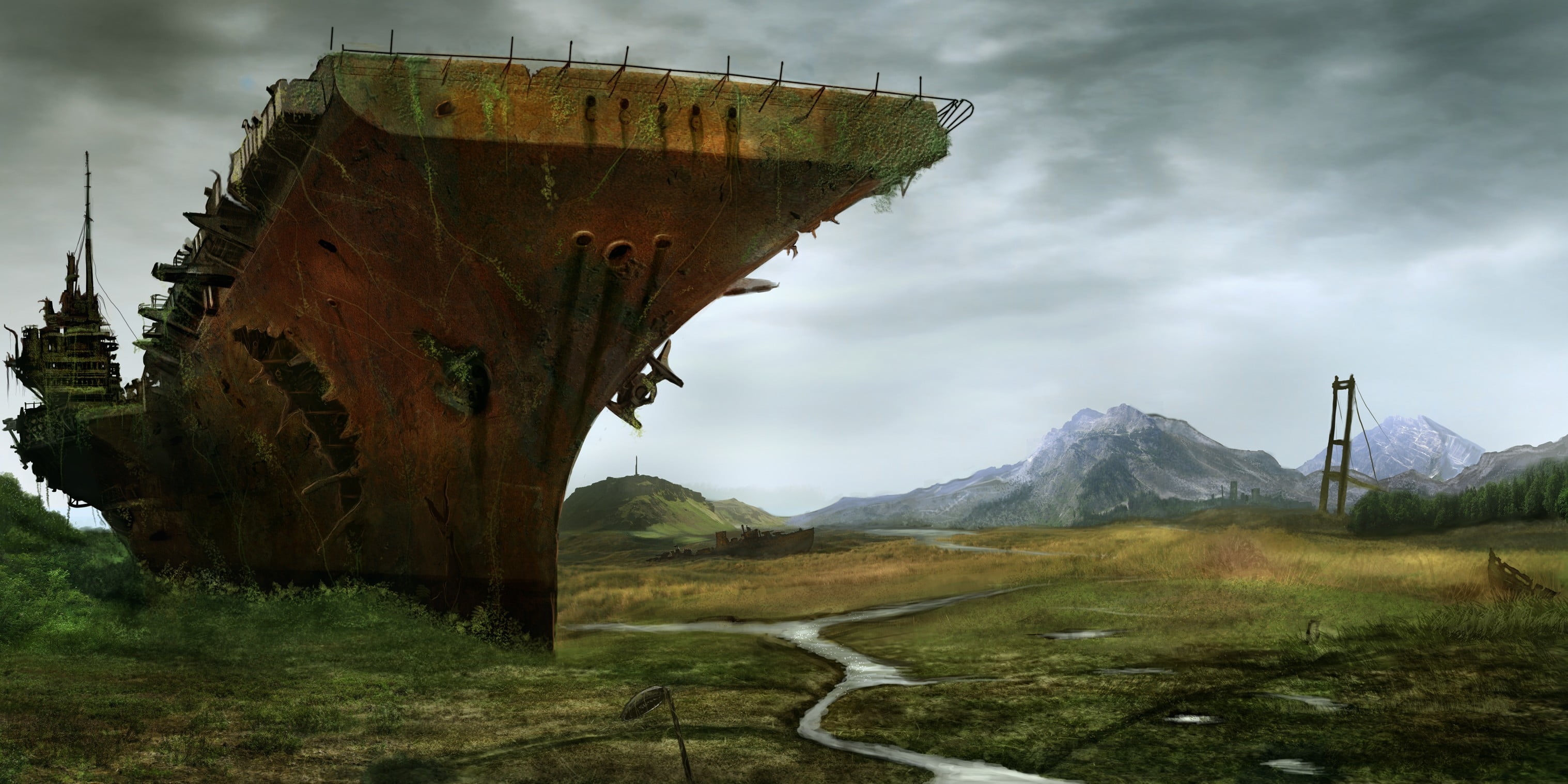 no people, non-urban scene, river, valley, day, postapokalipsis, scenics - nature, green, abandoned, mountain, tranquil scene, transportation, tranquility, HD Wallpaper