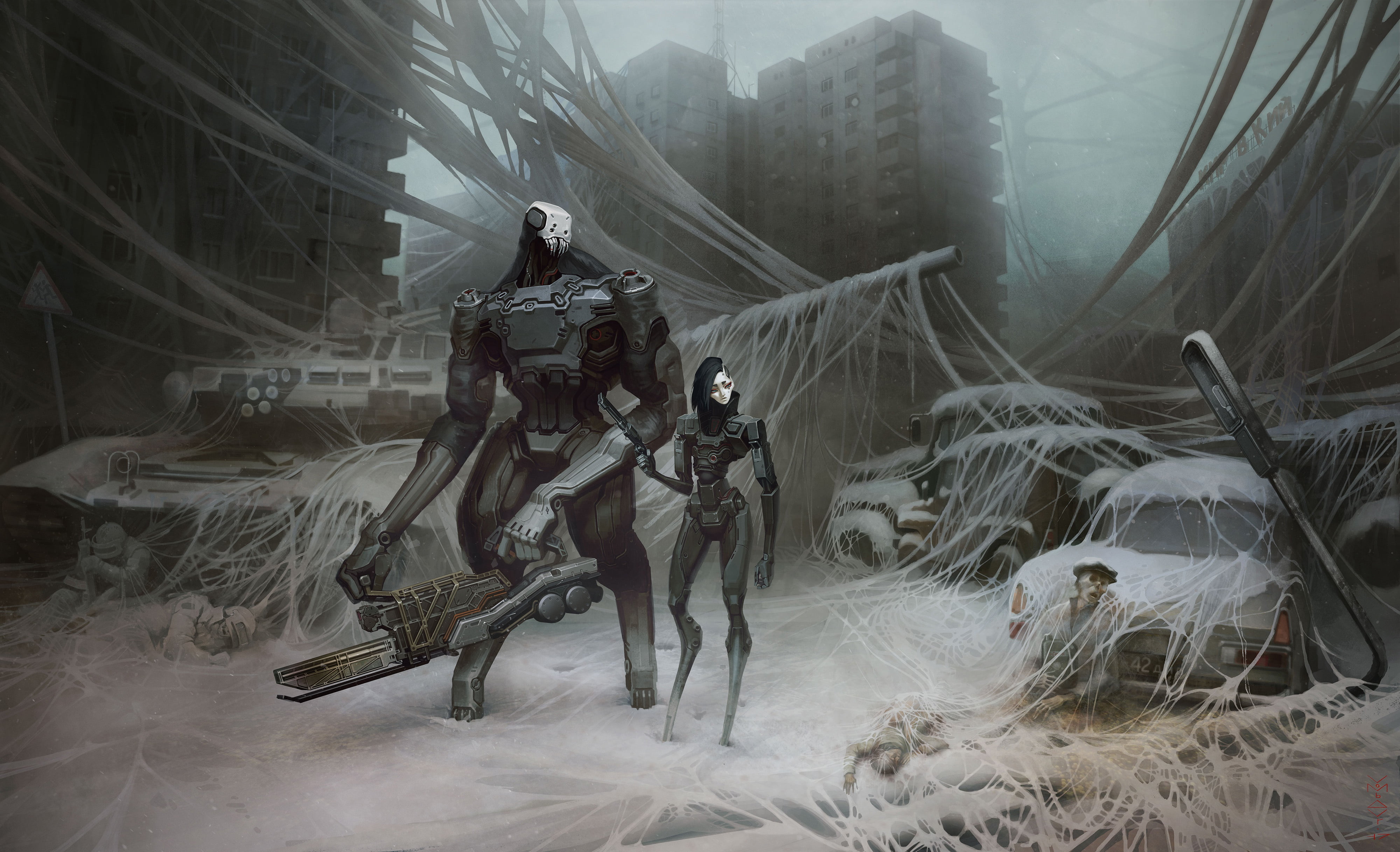 wood - material, snow, outdoors, tree, day, the city, group, robot, digital composite, abandoned, land, fiction, art, 4K, cyborg, plant, beauty in nature, HD Wallpaper