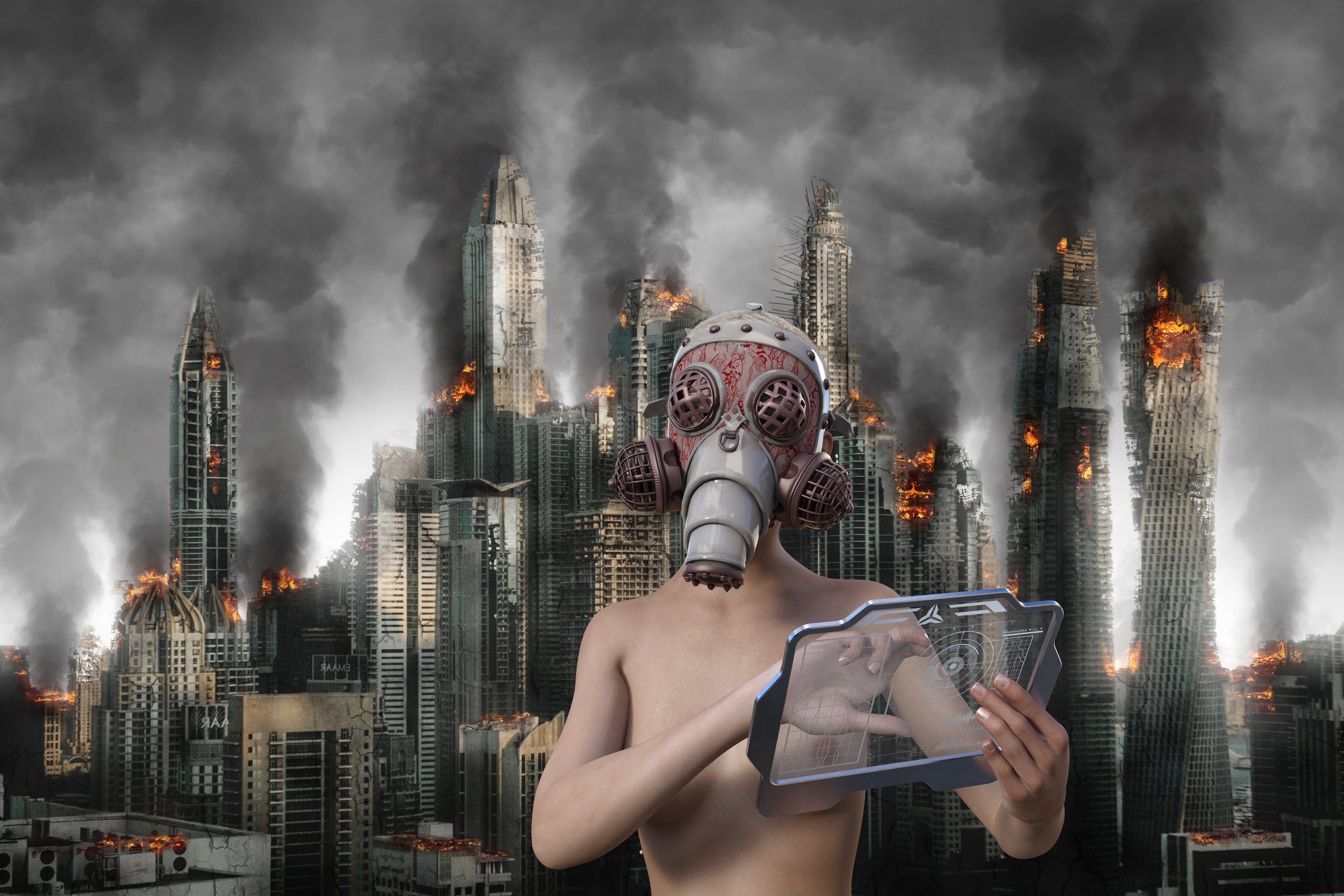 the end of the world, steampunk, smoke - physical structure, contemplation, building, apocalypse, industrial, urban skyline, skyscraper, built structure, HD Wallpaper