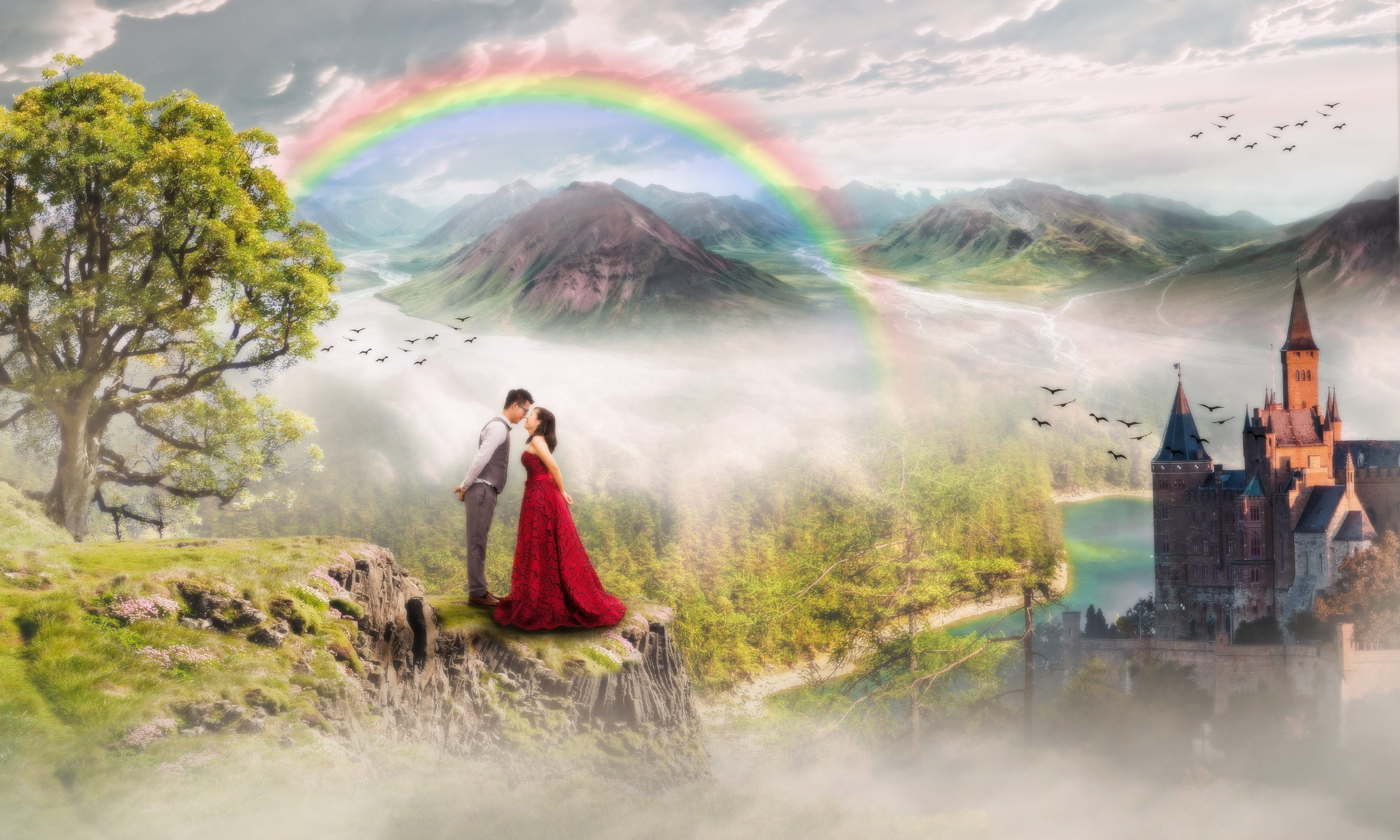 beautiful woman, sky, cloud - sky, adult, mountain, month, one person, Colored, couple, young women, fog, nature, young adult, tree, land, Day, Wedding, HD Wallpaper