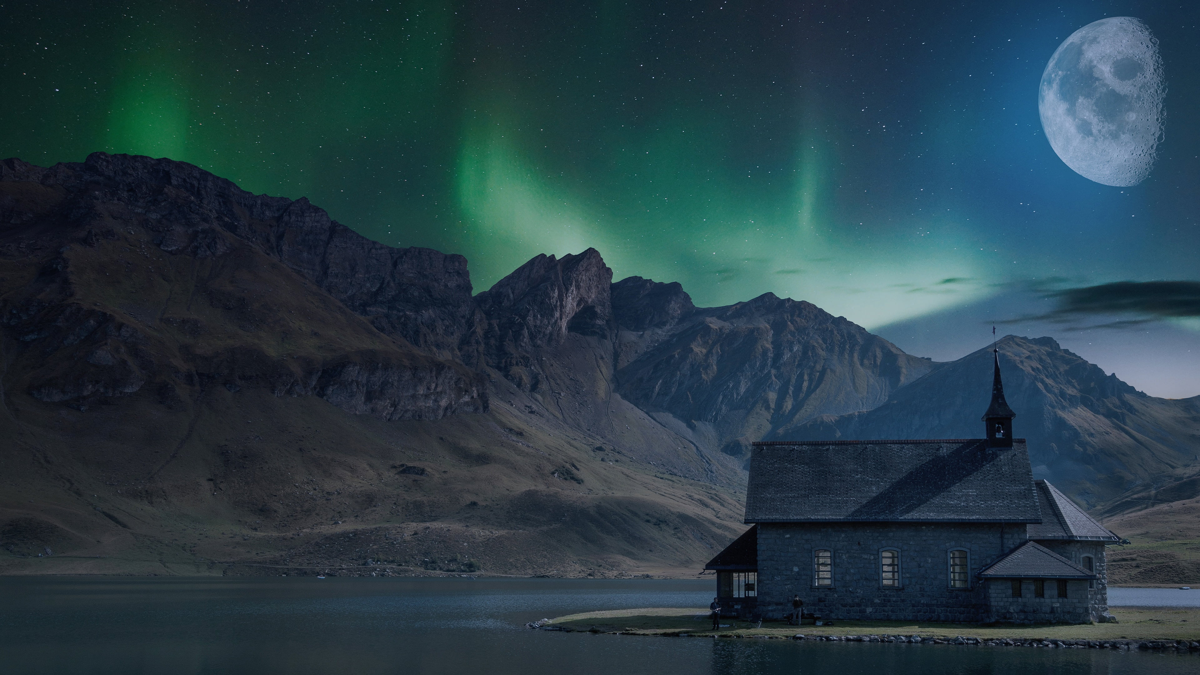 the building, star, chapel, 4K, rendering, graphics, night, the moon, tops, polar lights, house, people, rocks, stars, nature, landscape, shore, river, HD Wallpaper