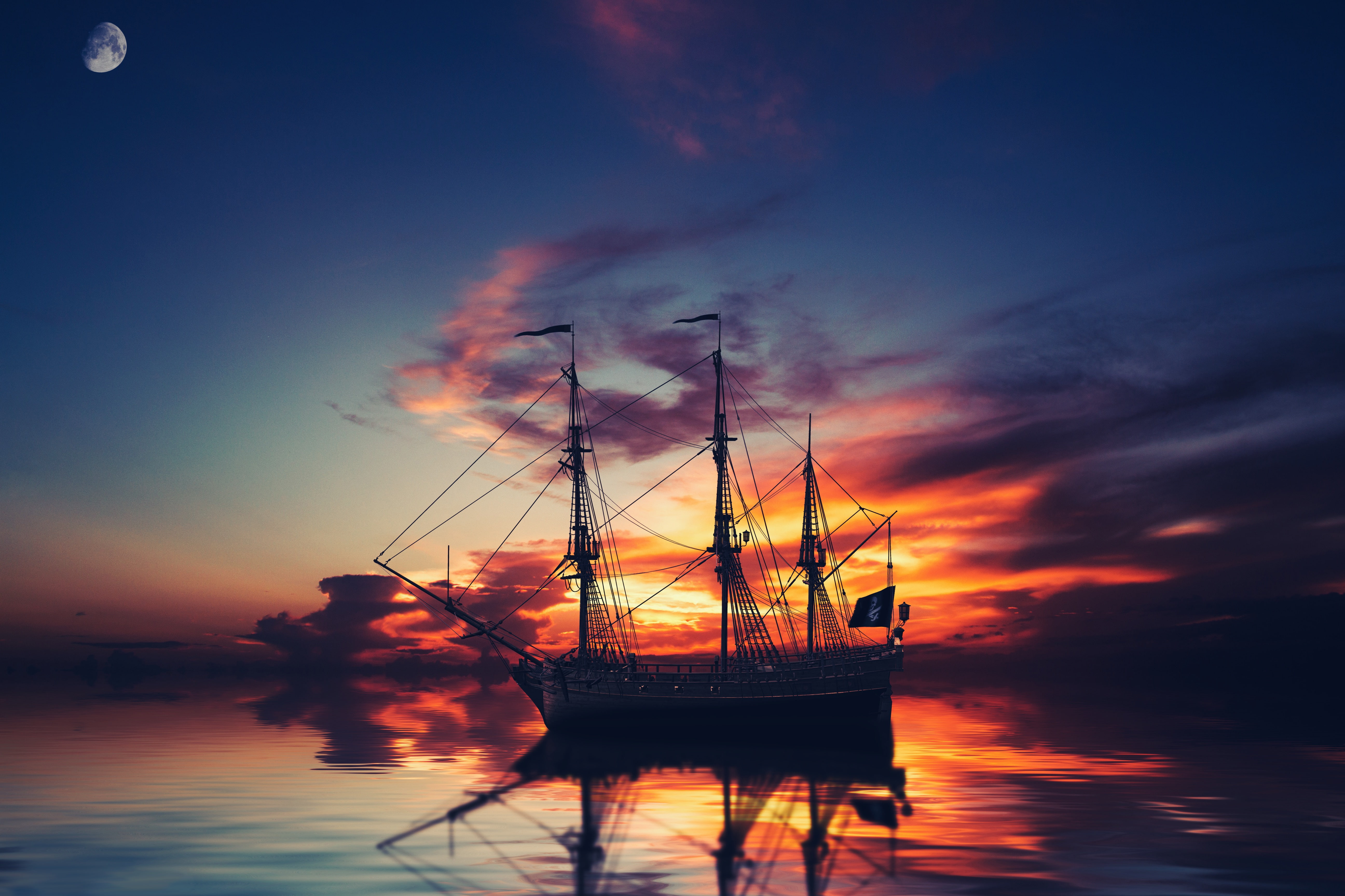 ship, twilight, photoart, planet, the ship, clouds, sunset, schooner, 5K, rendering, sailboat, art, the sky, the evening, night, HD Wallpaper
