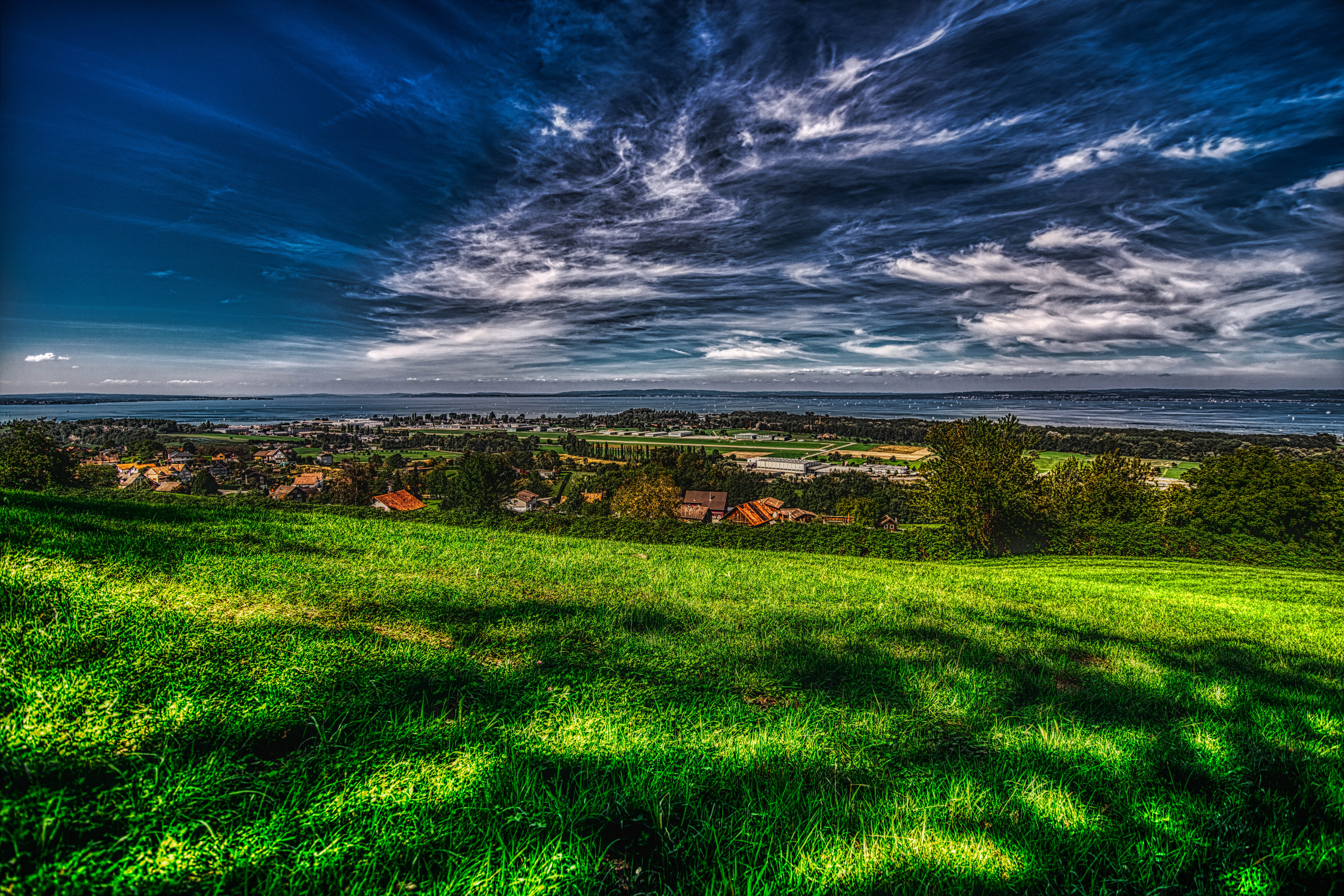 photo shoot, plant, landscape, lake, cloud, cloud - sky, green color, scenics - nature, photoart, environment, blue sky, lakeside, field, growth, grass, HD Wallpaper