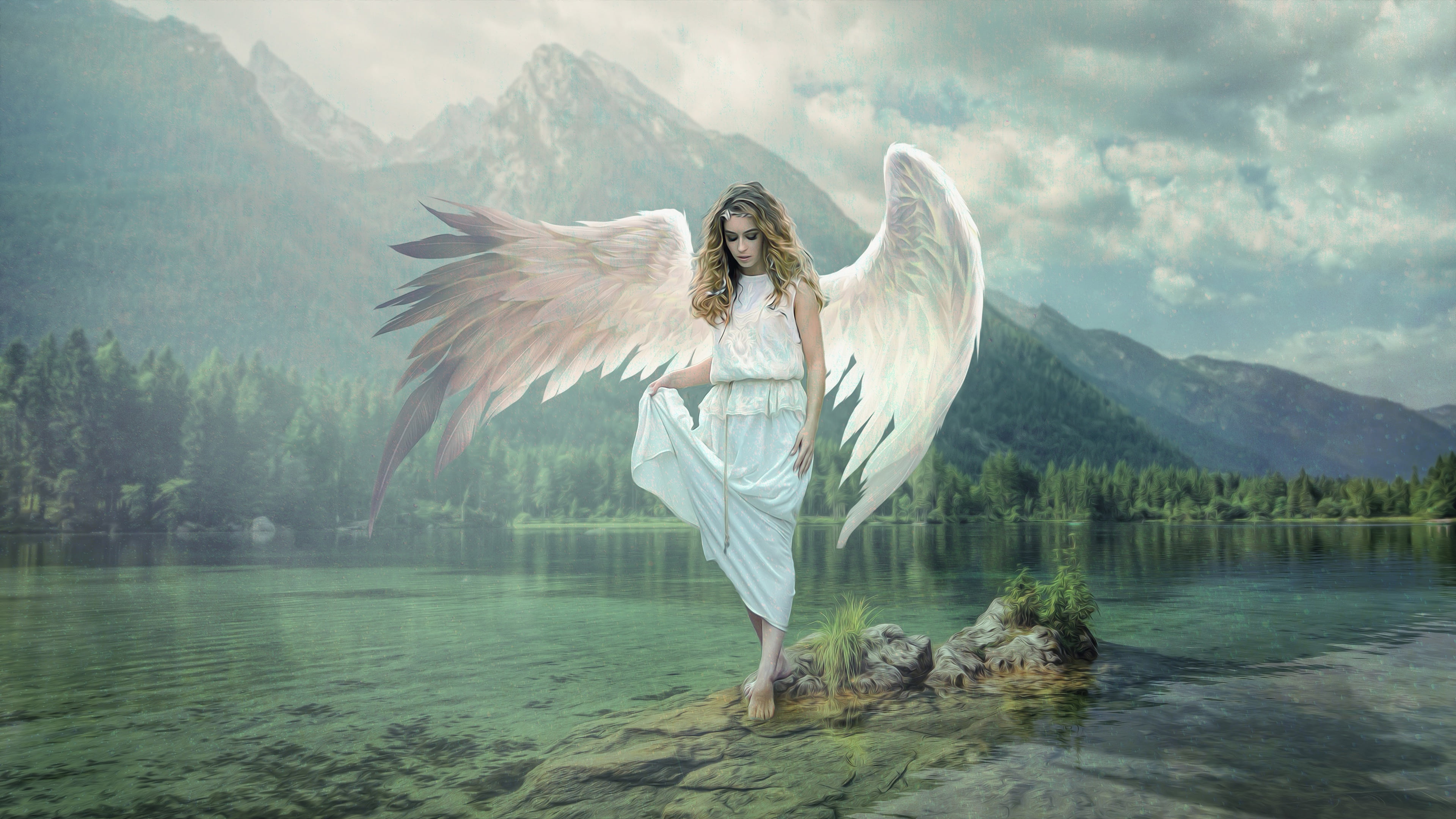white dress, stones, Rus, 4K, feathers, the slopes, hem, nature, pose, lake, white, wings, girl, landscape, tops, fog, clouds, forest, water, photoart, HD Wallpaper