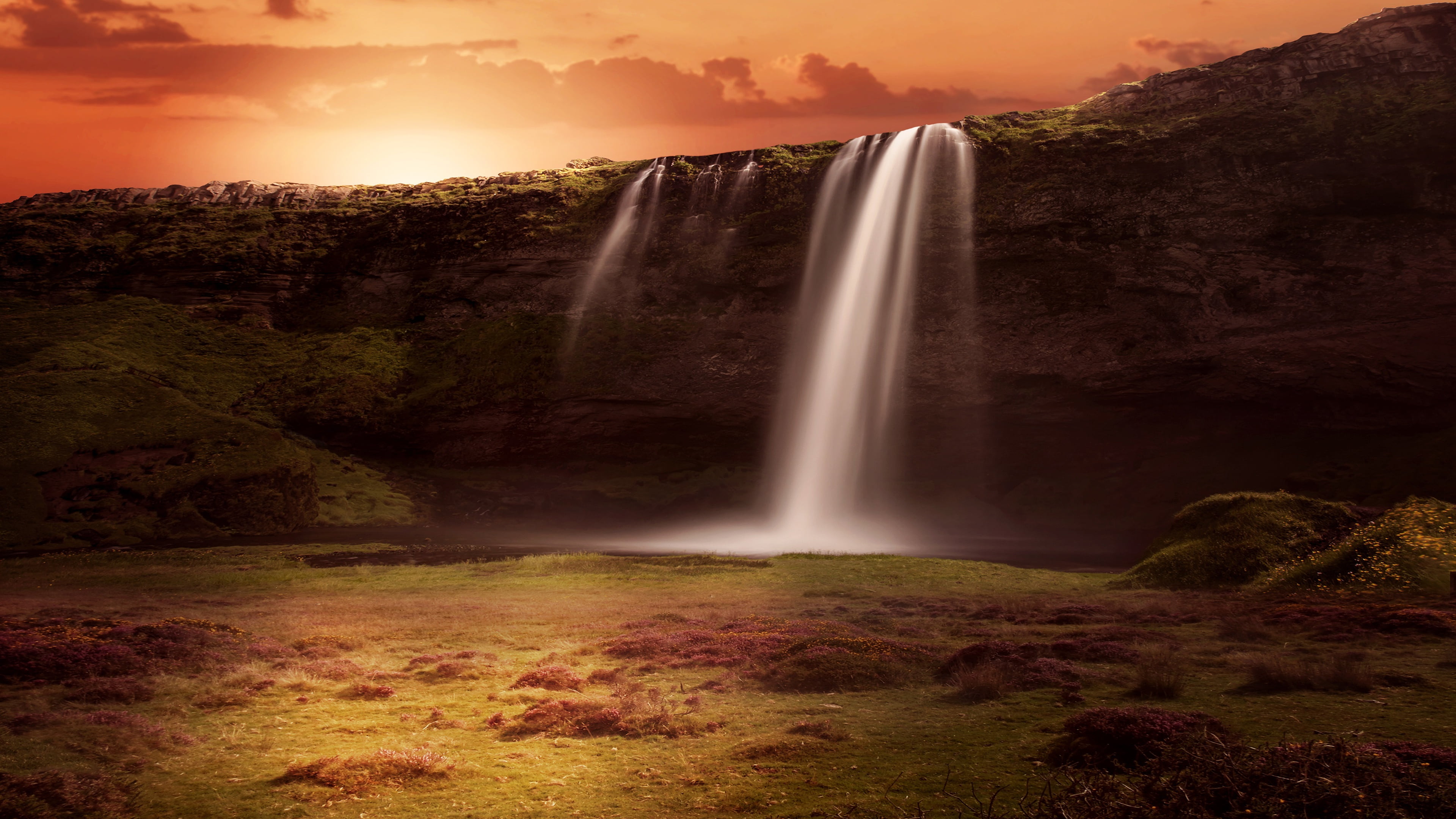 nature, Iceland, rendering, stream, sunset, landscape, photoart, rocks, waterfall, 4K, HD Wallpaper