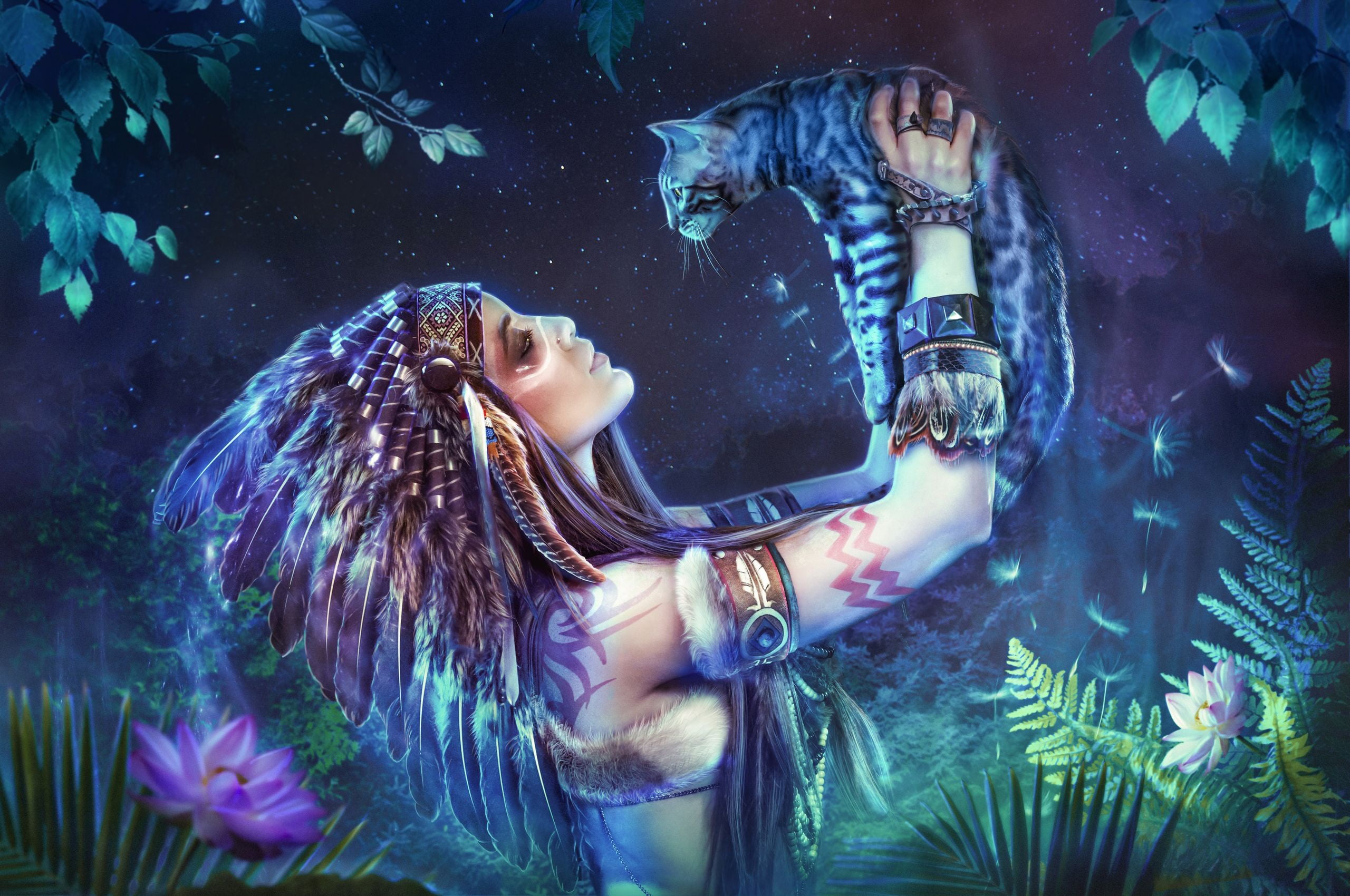 feathers, 2K, cat, Алина Акинжала, Indian, Алексей Бубнов, girl, photoart, roach, HD Wallpaper