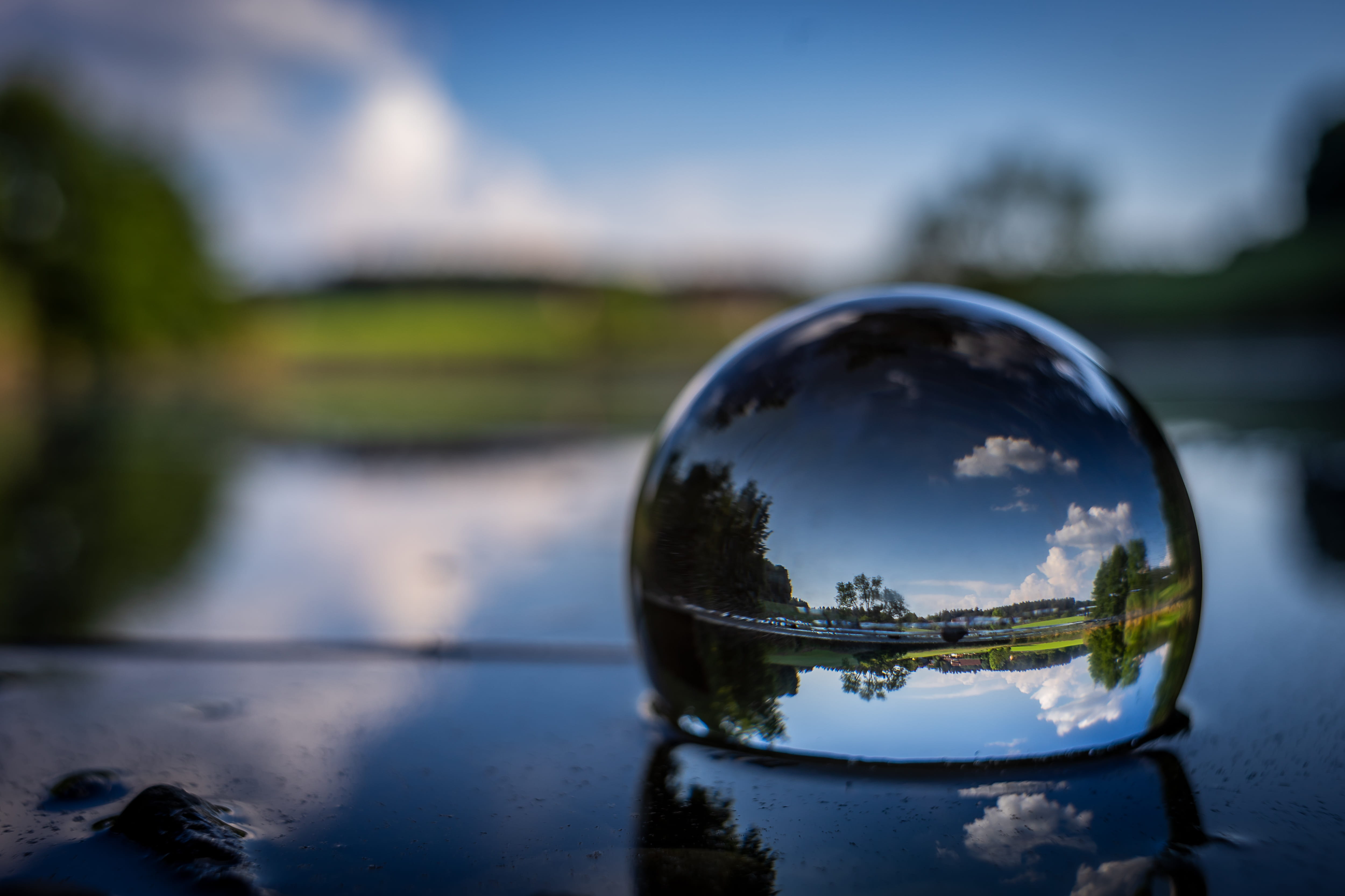 environment, 4K, sphere, crystal ball, nature, close-up, tree, mystical, panorama, mood, idyllic, photoart, lake, day, swimming pool, no people, HD Wallpaper