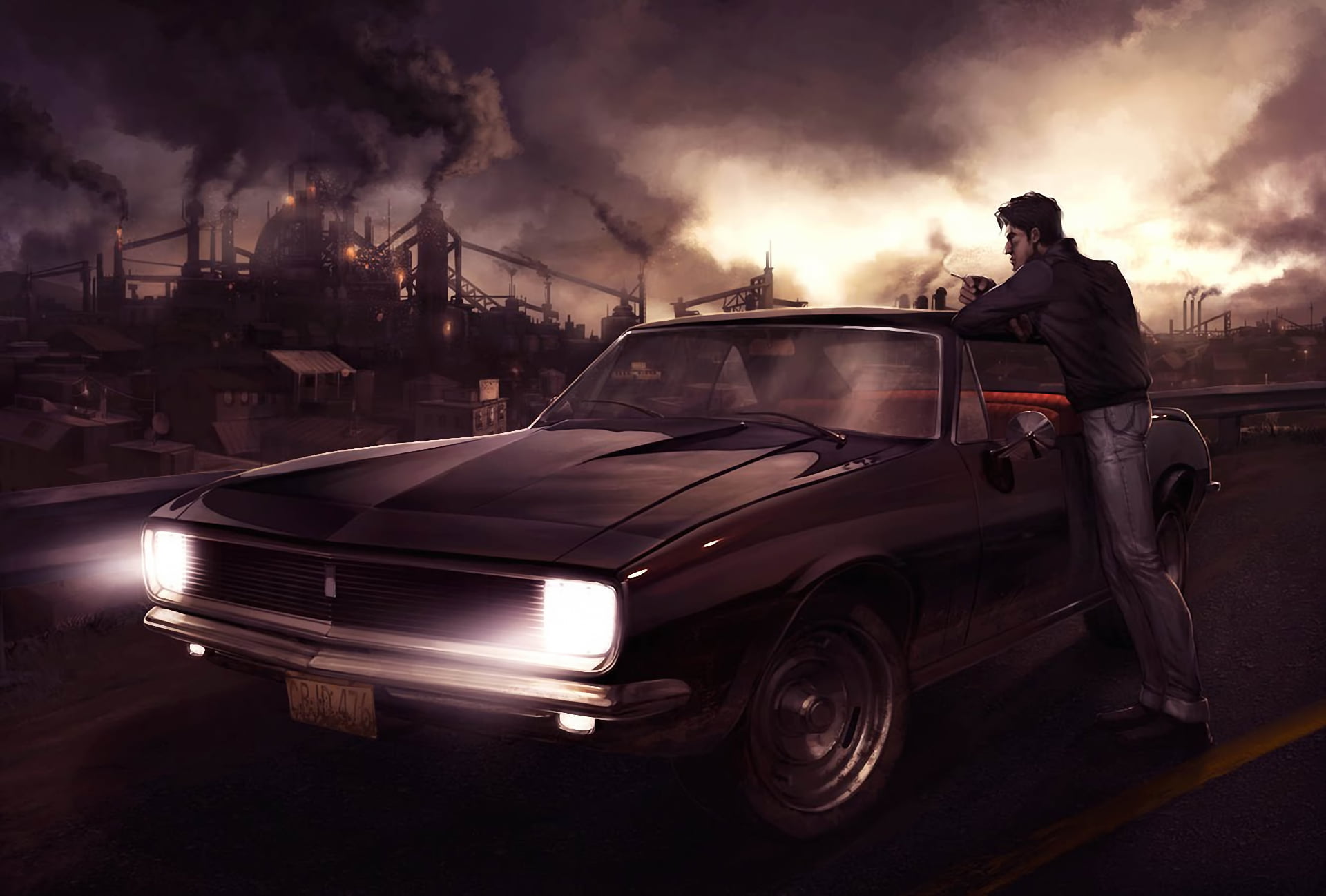 smoke - physical structure, 1080P, mode of transportation, nature, night, black, male, cloud - sky, street, classic, men, the city, motor vehicle, land vehicle, HD Wallpaper