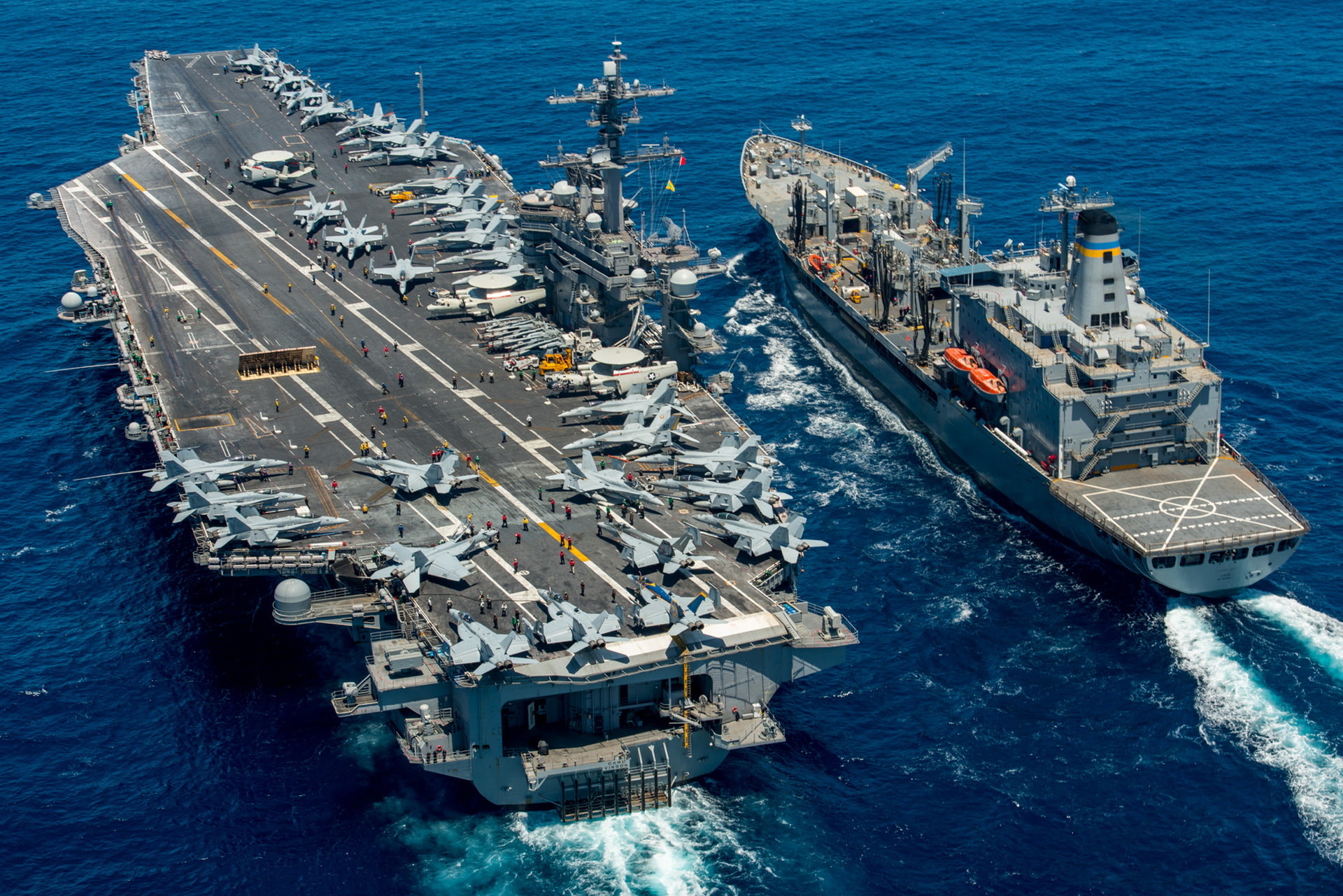 weapons, army, replenishment oiler USNS Yukon (T-AO 202), aircraft carrier USS Carl Vinson (CVN 70), sea, 1080P, HD Wallpaper