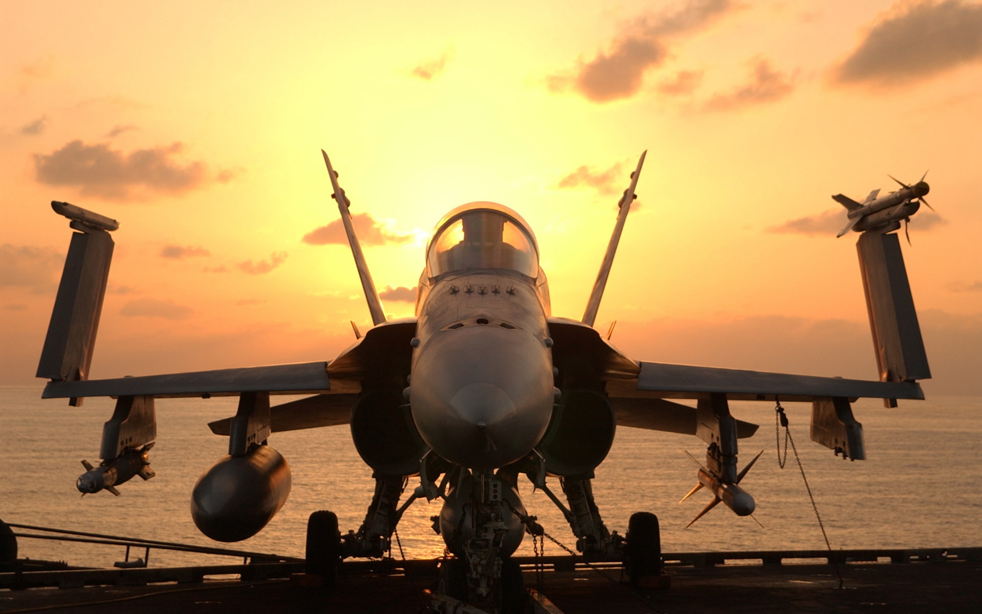 seascape, plane, sunrise, aircraft, vehicles, airplanes, ships, bombs, clouds, sea, sunset, cannon, missile, military, boats, sky, 1080P, carrier, weapons, HD Wallpaper