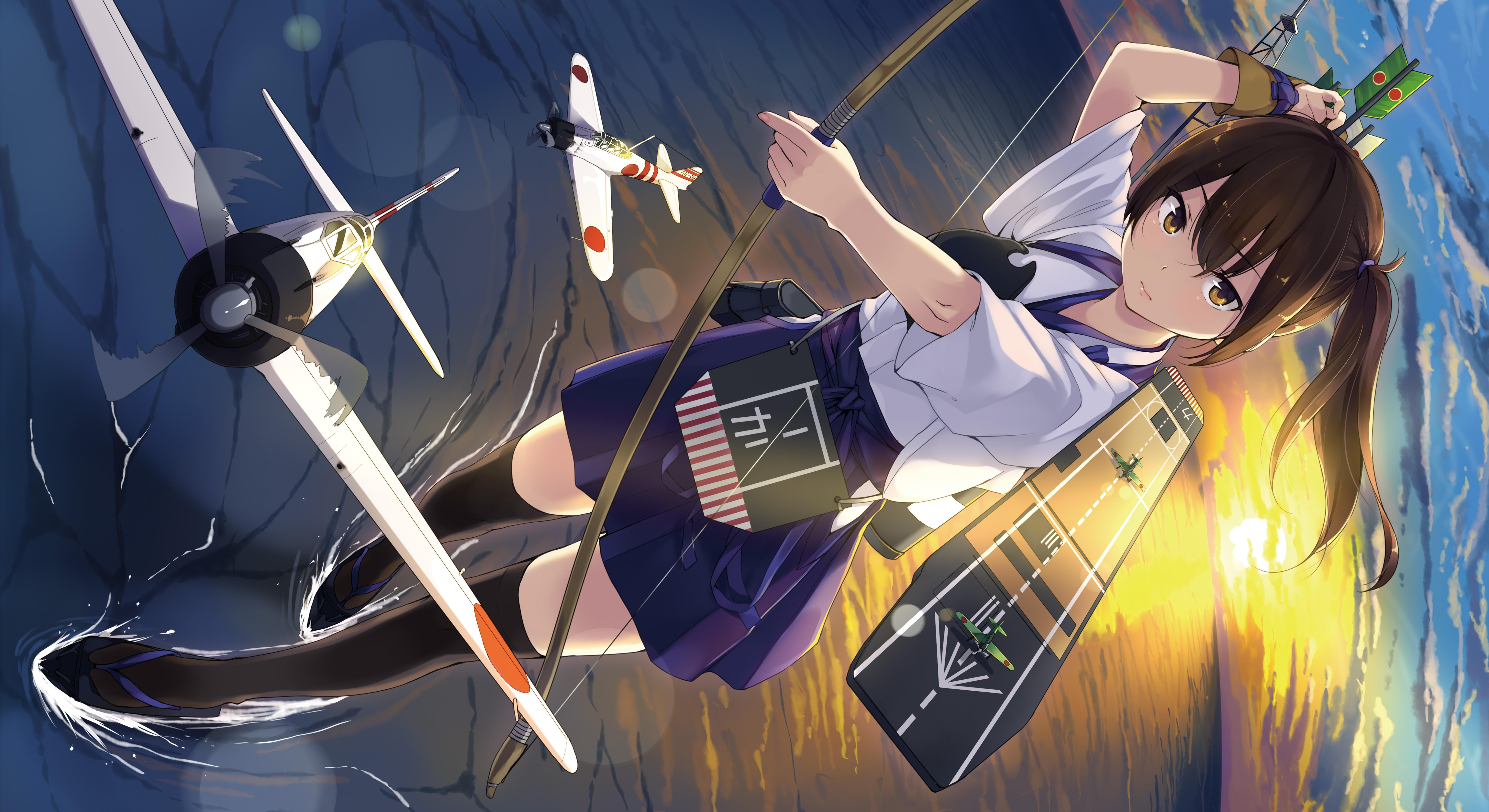 art, casual clothing, unasaka ryou, nature, character, girl, look, outdoors, gesture, flag, sea, young women, sunset, young adult, celebration, aircraft, HD Wallpaper