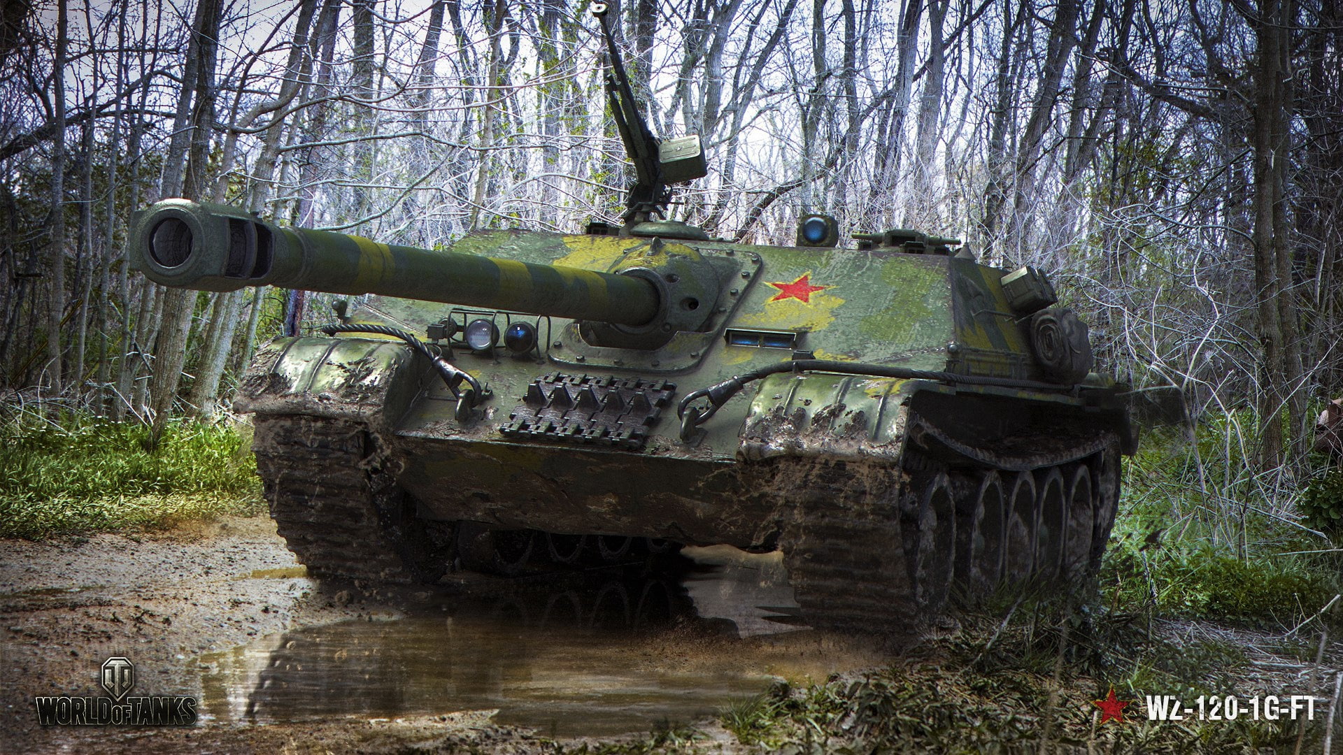 forest, puddles, Chinese, WOT, PT-ACS, WZ-120-1G-FT, road, trees, dirt, art, World of Tanks, 1080P, HD Wallpaper