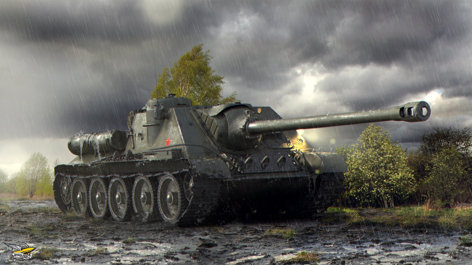 dirt, no people, SU-100, 1080P, gray, transportation, day, armored tank, World of Tanks, PT-ACS, clouds, trees, conflict, Soviet, war, sky, weapon, slush, HD Wallpaper