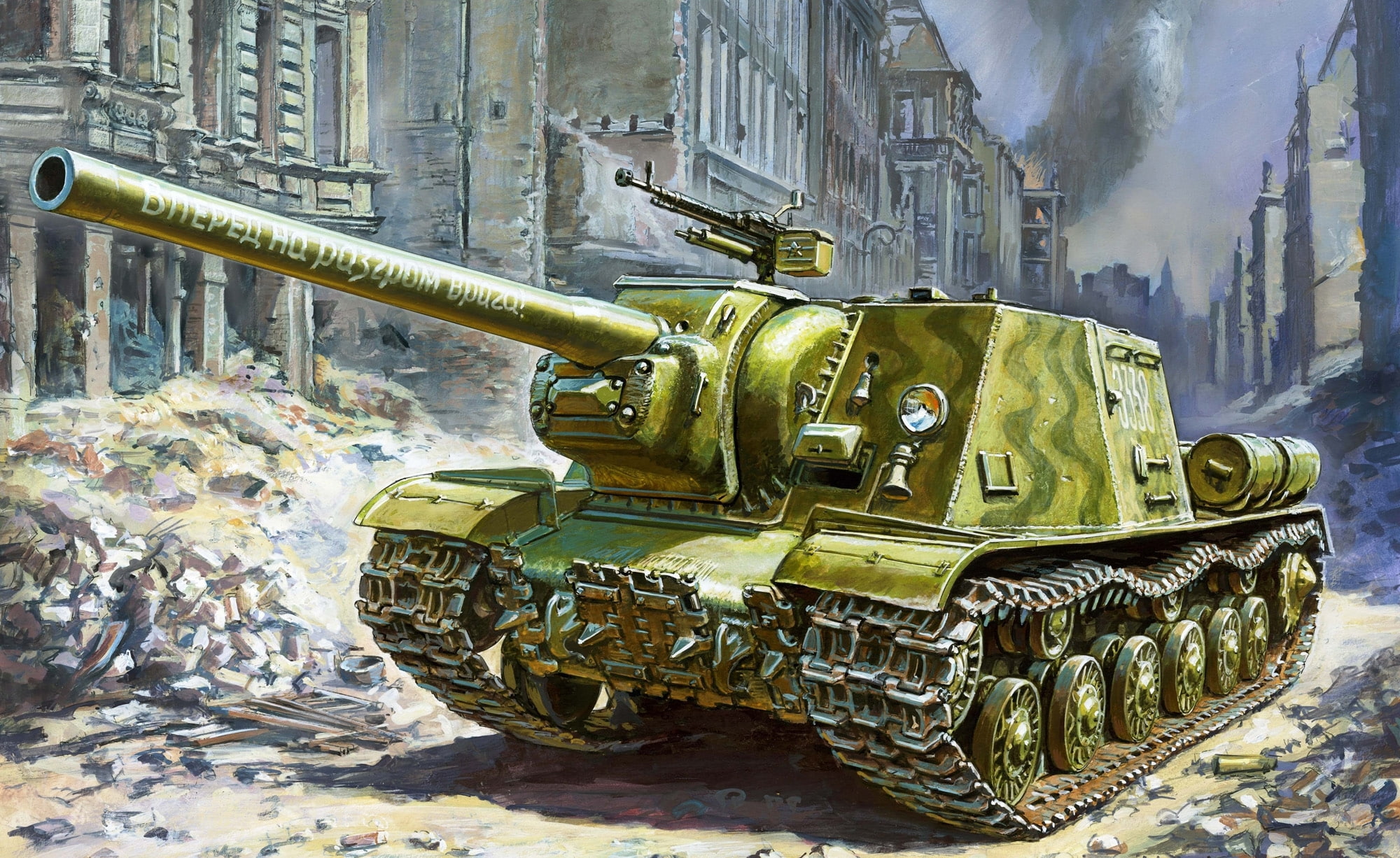 Soviet, ruins, figure, art, 1080P, PT-ACS, street, the ISU-122, the city, HD Wallpaper