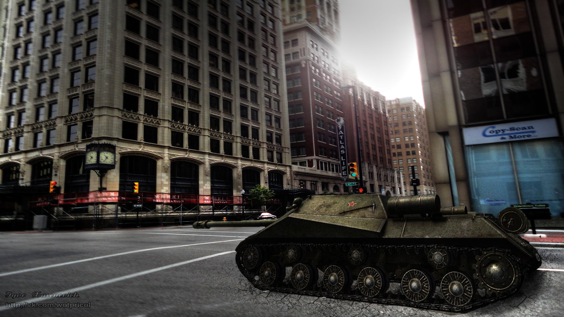 street, city Life, WoT, motor vehicle, armed Forces, tank art, nature, sunlight, military, 1080P, tank, sky, car, The object 704, road, architecture, built structure, HD Wallpaper