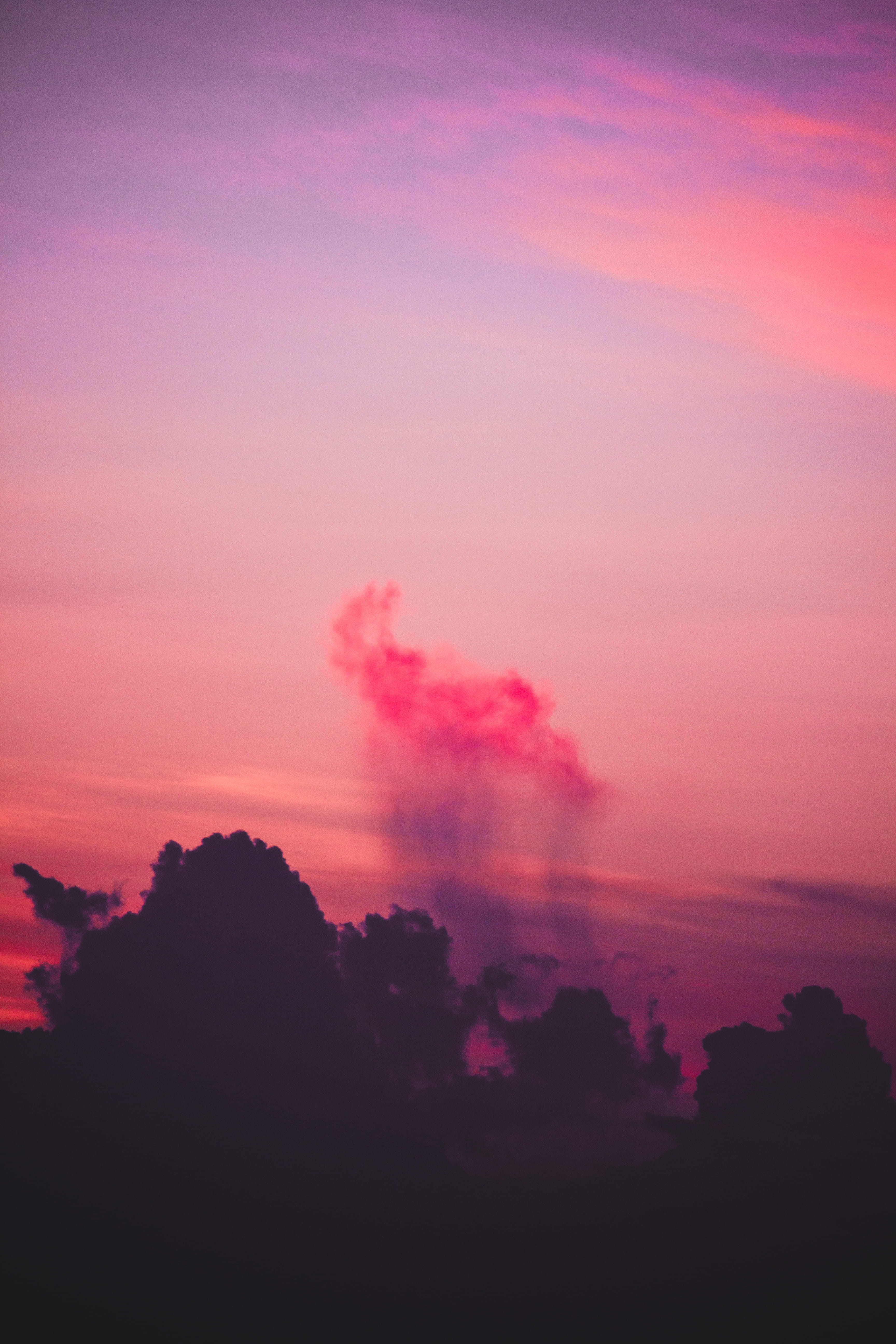 tranquility, purple, sunlight, beauty in nature, silhouette, color, copy space, dusk, cumulus, weather, tree, smoke - physical structure, outdoors, Phone HD Wallpaper
