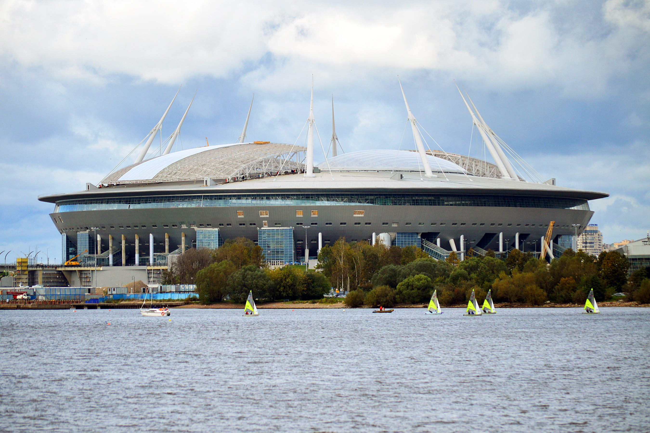 sky, competition, nautical vessel, waterfront, new, cup, Stadium, 2K, sea, building exterior, world, luxury, architecture, body, sailboat, nature, under construction, HD Wallpaper