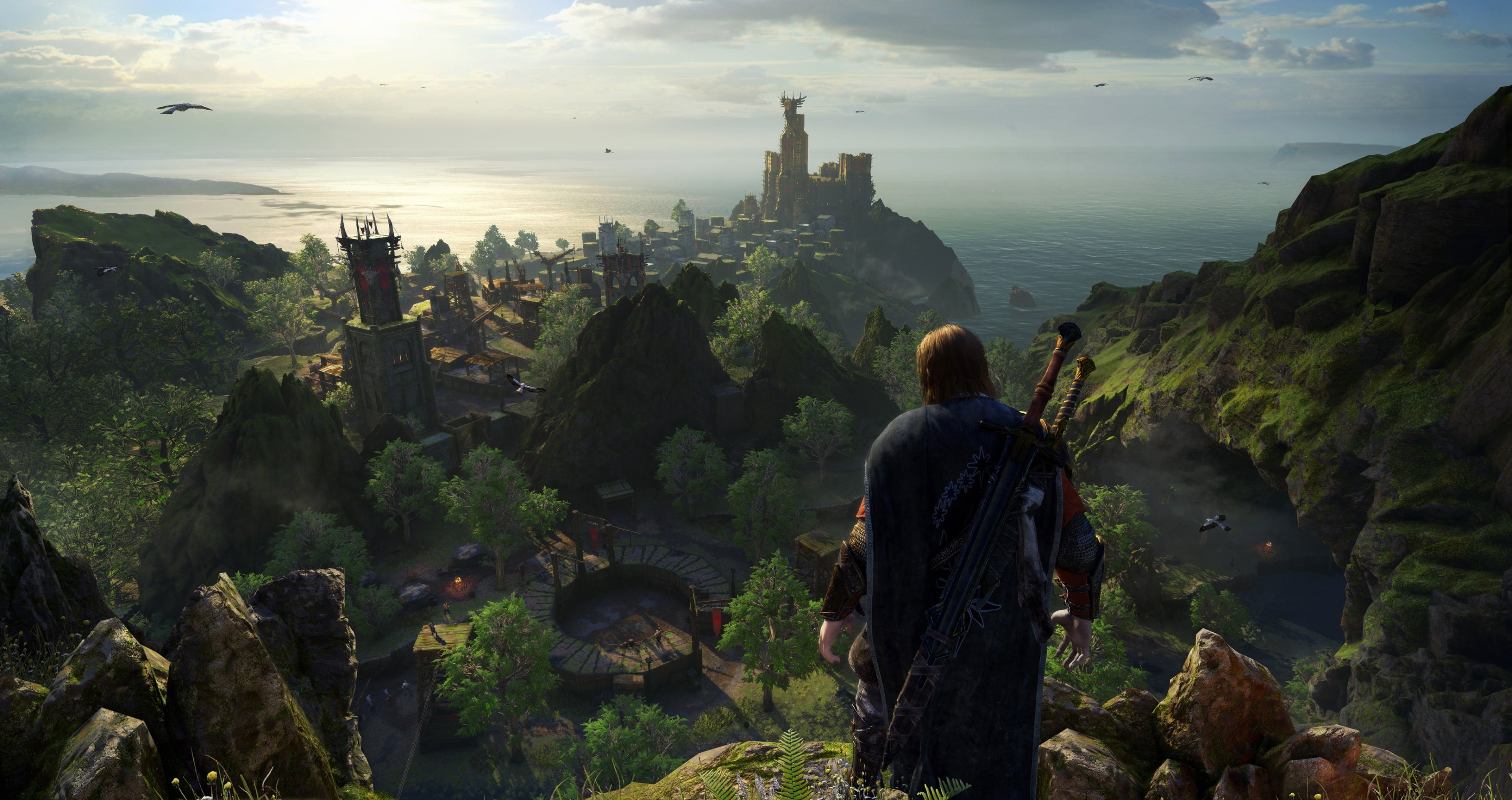 middle earth shadow of war 4k hd cool, leisure activity, travel, religion, building exterior, rear view, real people, sky, looking at view, one person, HD Wallpaper