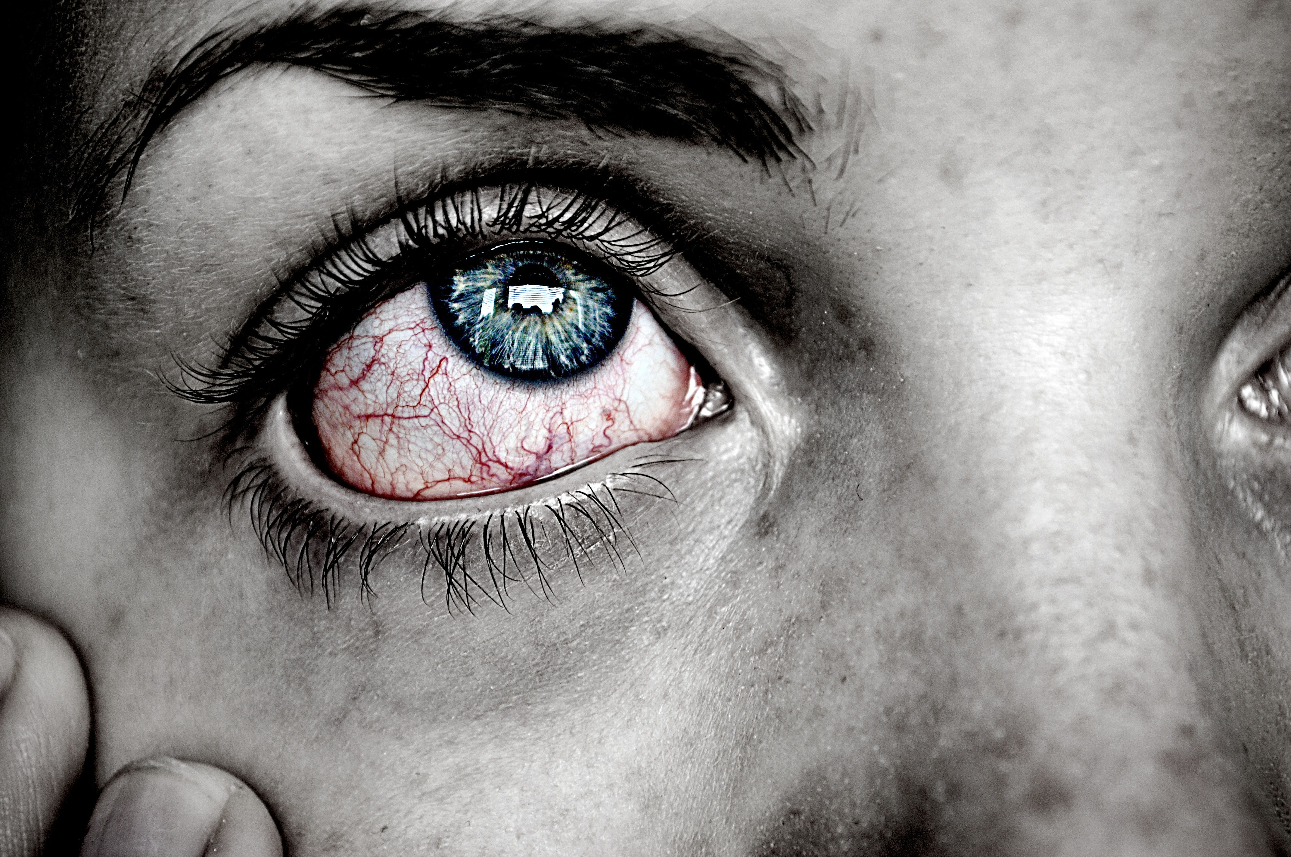 iris, eyesight, eyeball, human eye, eyebrow, aggression, blue eyes, extreme close-up, young adult, red, human face, body part, blue, eyes, portrait, person, HD Wallpaper