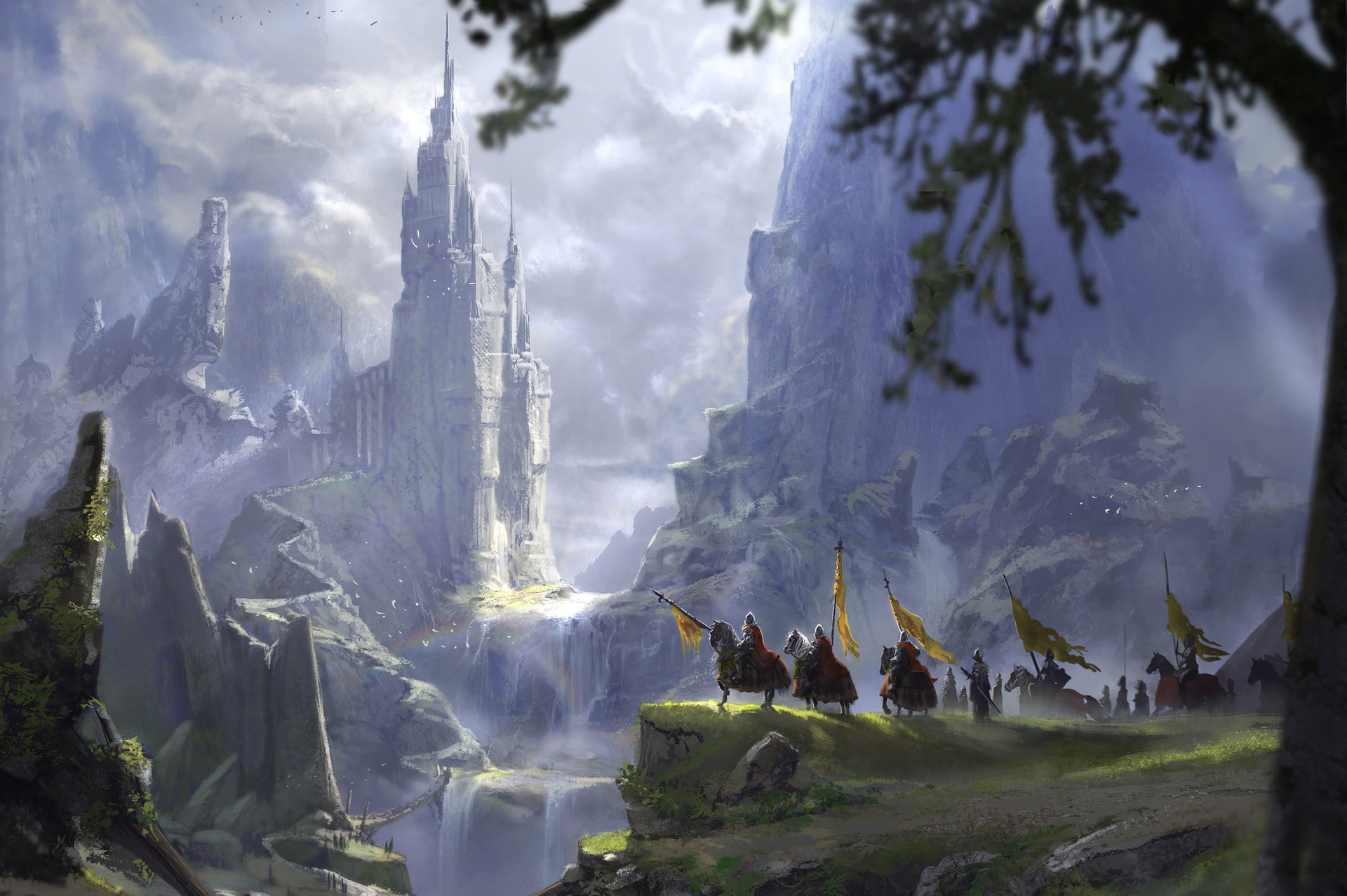 Fantasy, Knight, Landscape, Castle, 1080P, Warrior, Waterfall, HD Wallpaper