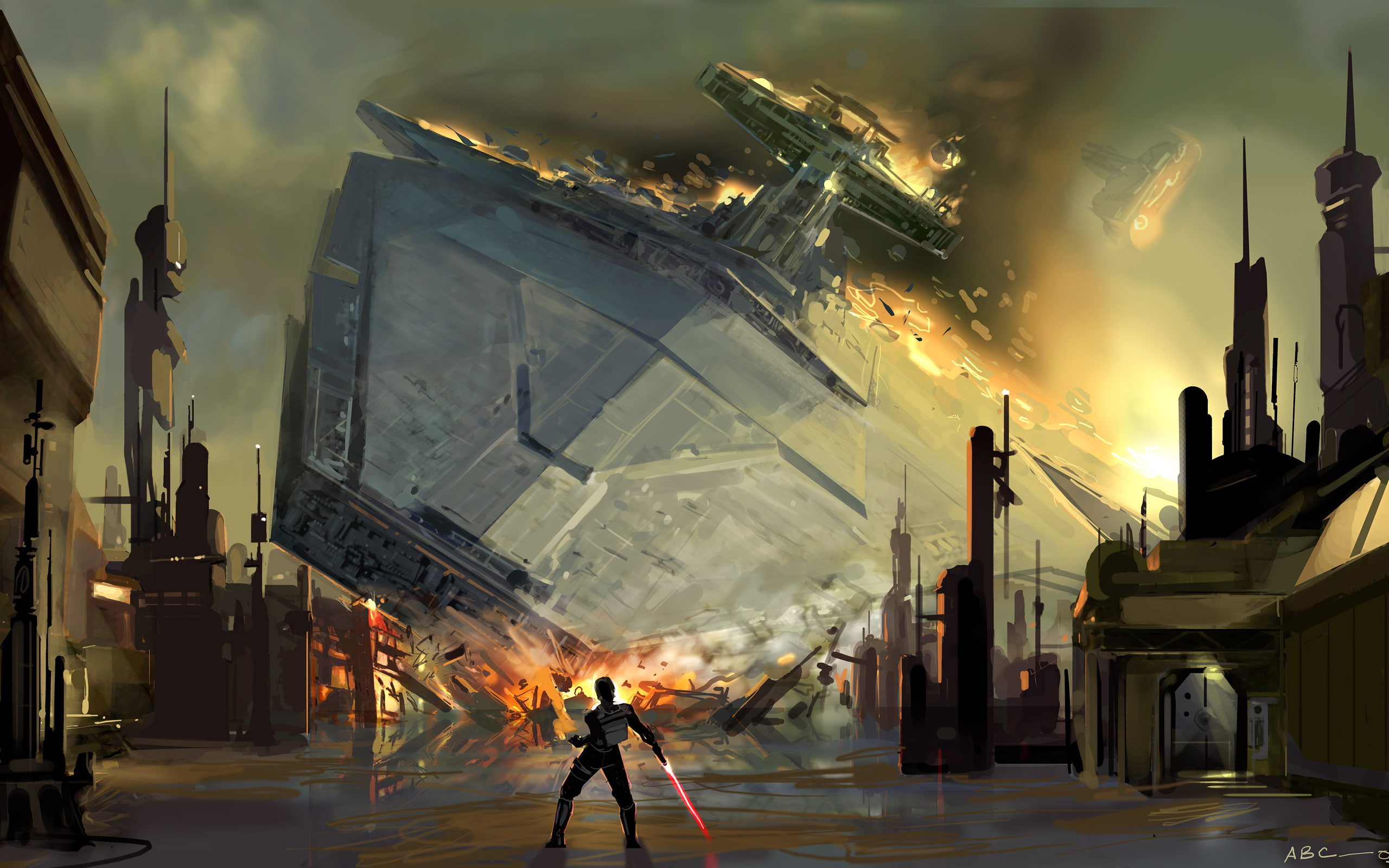 lightsabers, warrior, fighting, vehicles, sci-fi, wars, starkiller, futuristic, star, force, crash, spaceships, unleashed, artwork, action, 2K, HD Wallpaper