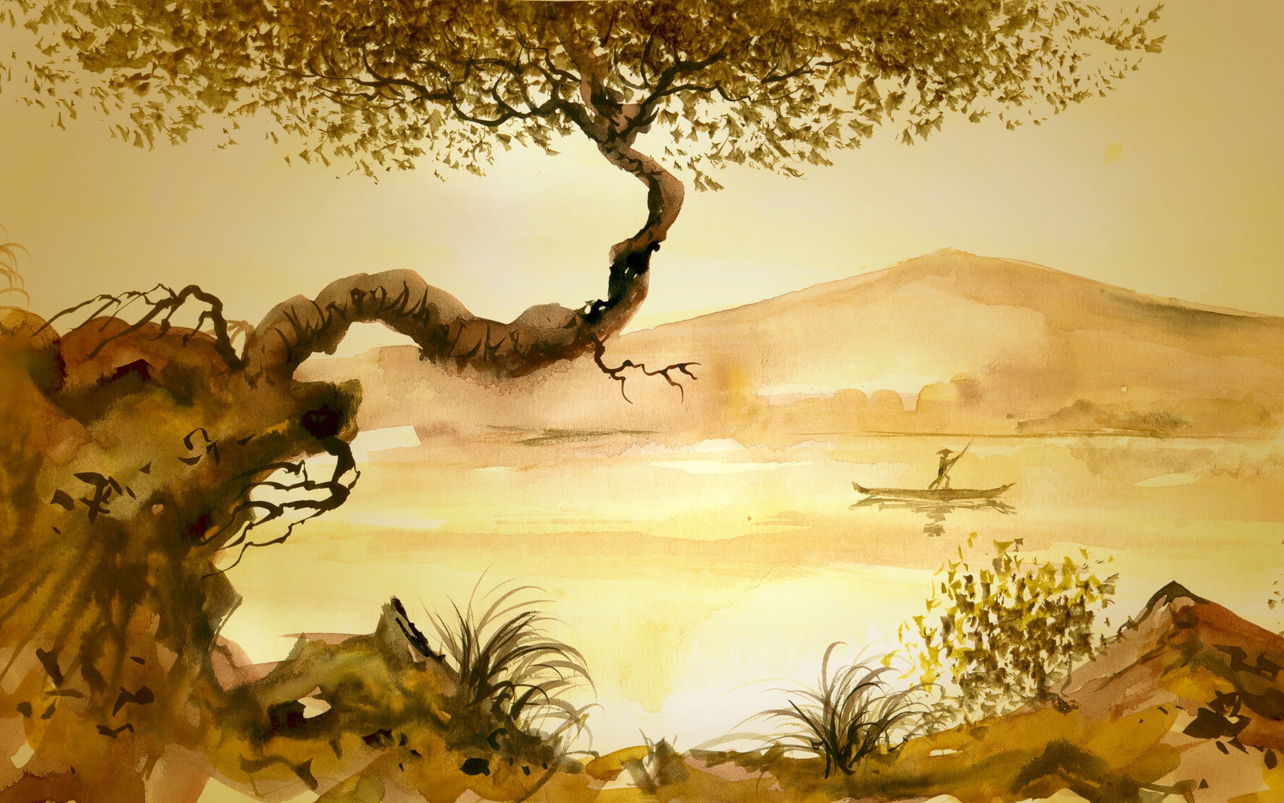 tree, grass, junk, man, lake, 2K, painting, asian, mood, HD Wallpaper