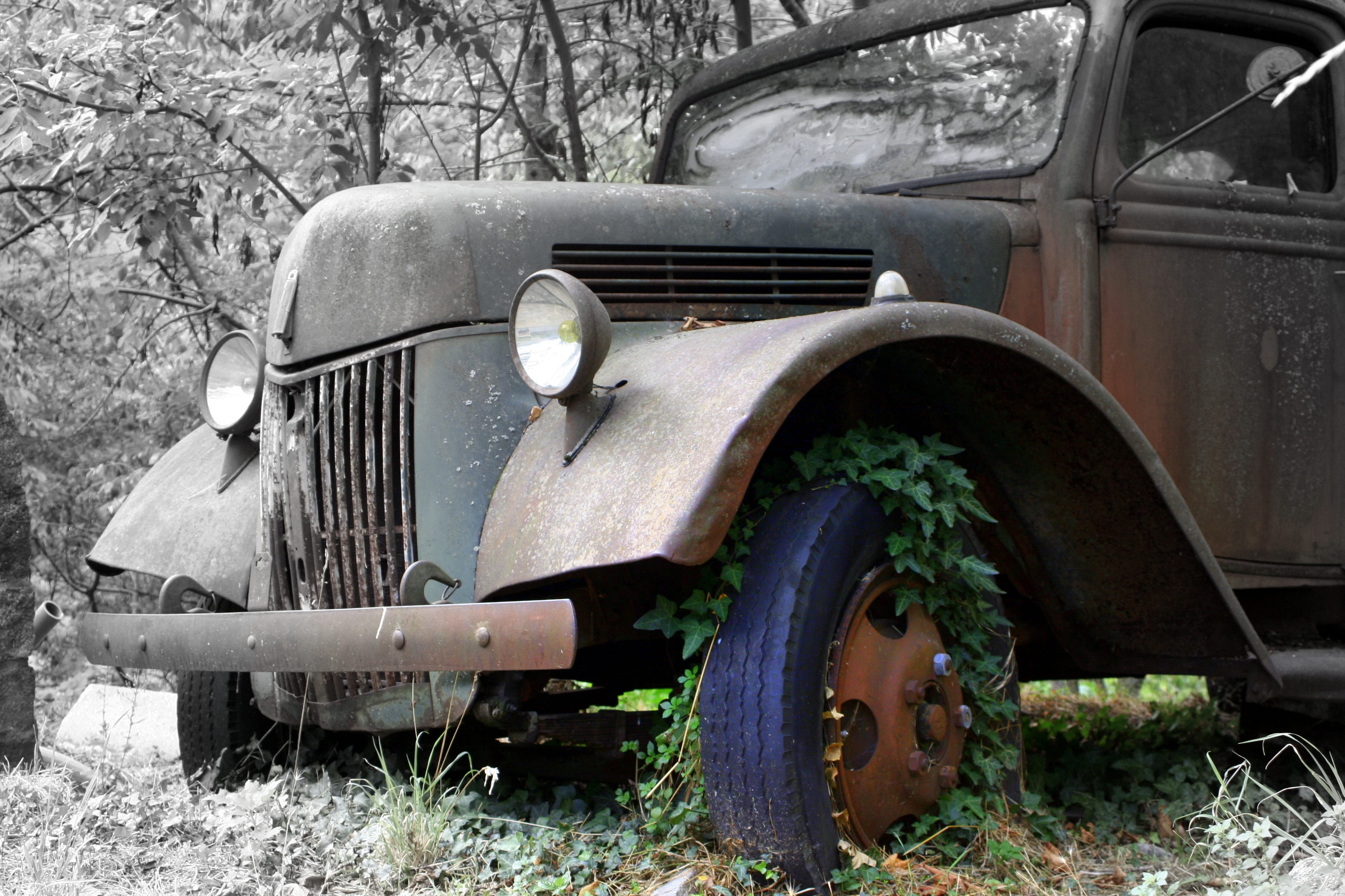 junk, transportation, auto, deserted, obsolete, vehicle, selective, broken, retro styled, forest, neglected, abandoned, deterioration, tire, steel, nature takes over, HD Wallpaper
