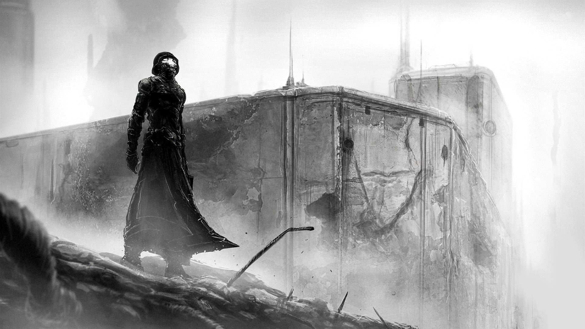 warrior, textured effect, black And White, arts culture and entertainment, art and craft, mammal, outdoors, alone, cloak, urban Scene, fantasy art, soldier, HD Wallpaper