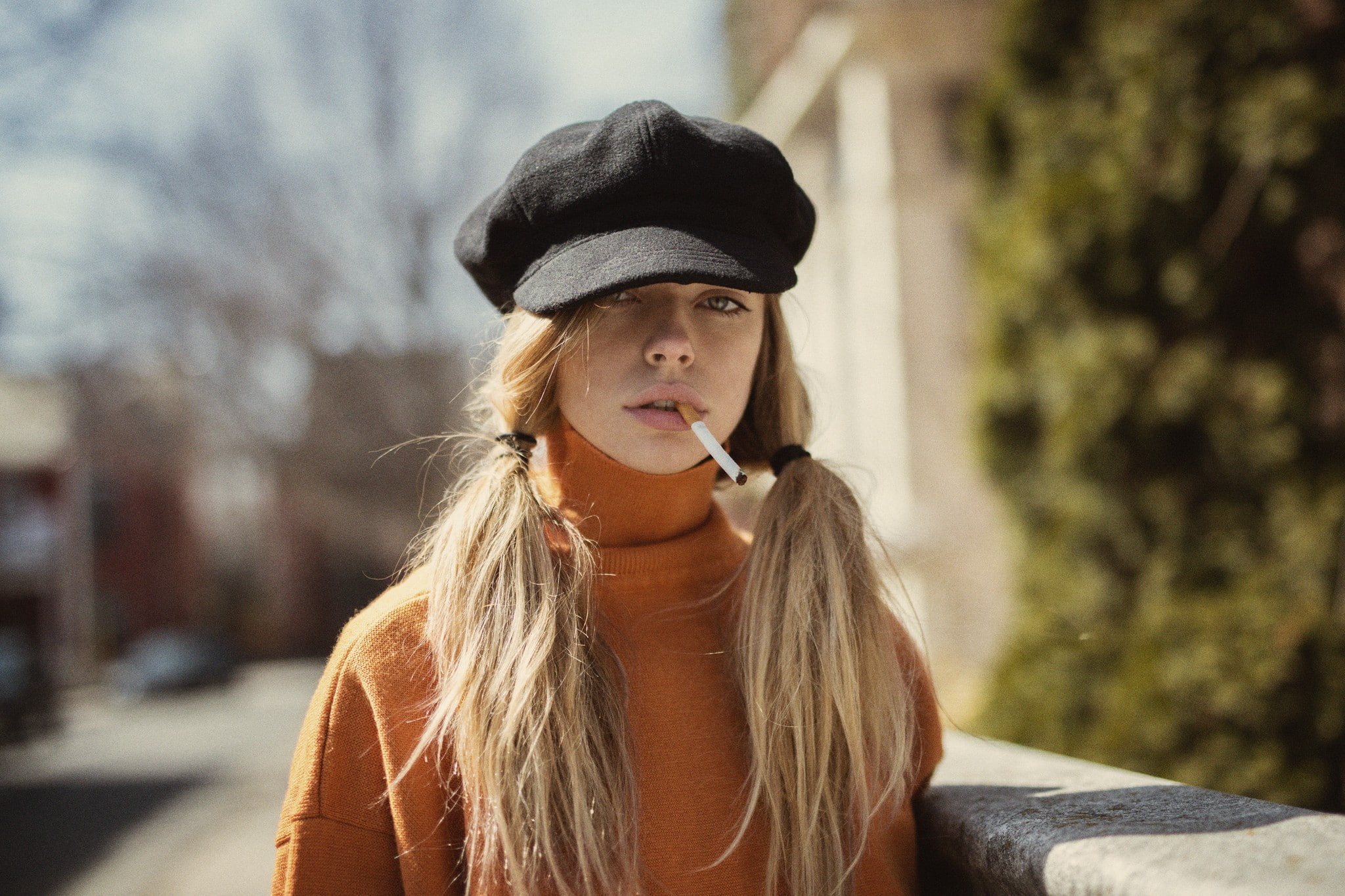 day, long hair, women, blond hair, cigarettes, outdoors, lifestyles, clothing, looking at viewer, real people, sweater, headshot, Marta Piekarz, sunlight, HD Wallpaper