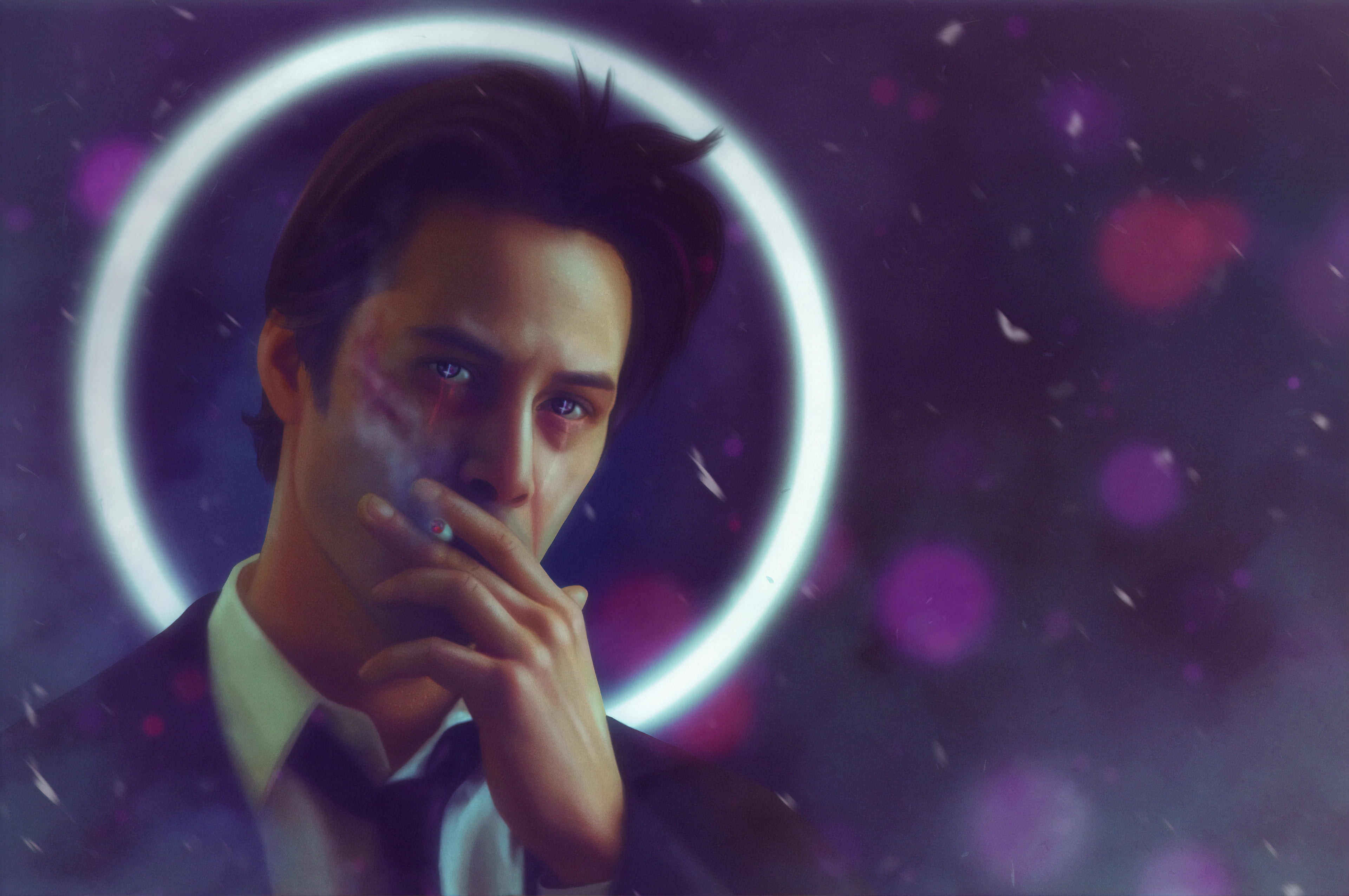 fan art, digital art, 4K, Constantine, John Constantine, black coat, digital painting, smoking, looking at viewer, comic art, white shirt, artwork, cigarettes, HD Wallpaper