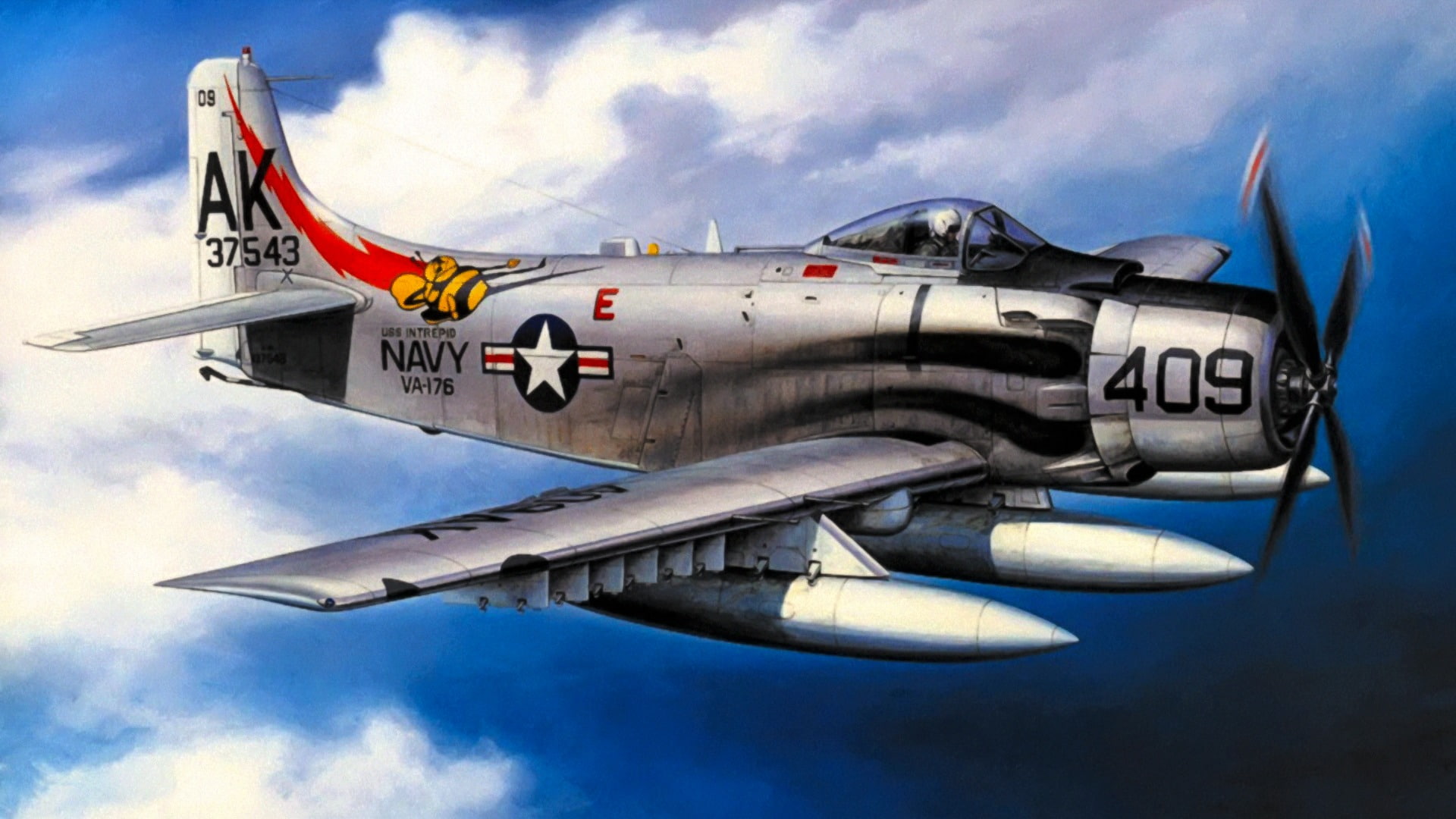 war, Douglas A-1 Skyraider, attacker, airplane, painting, 1080P, art, bomber, aviation, HD Wallpaper