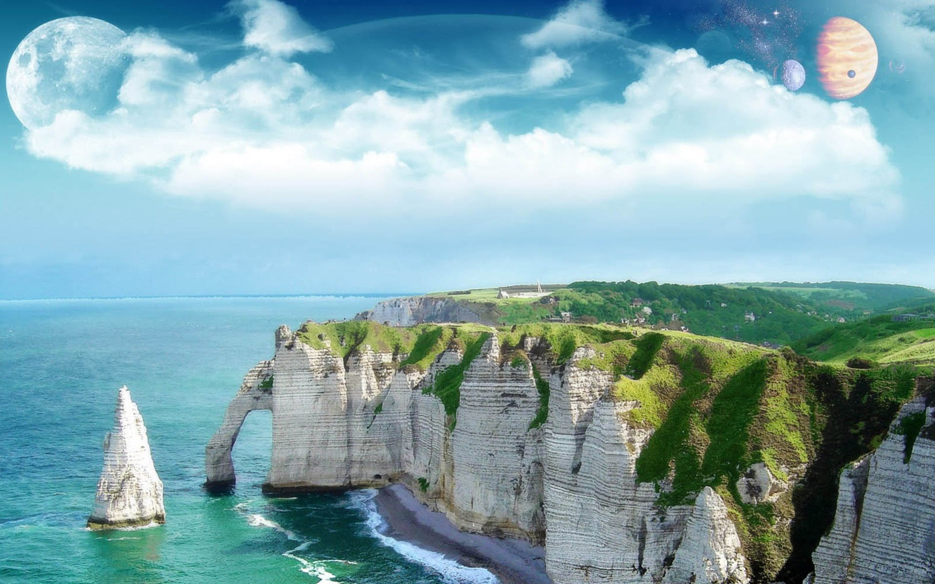 sea, no people, horizon, water, non-urban scene, photo manipulation, mountain, tranquility, island, horizon over water, nature, tranquil scene, cloud - sky, HD Wallpaper