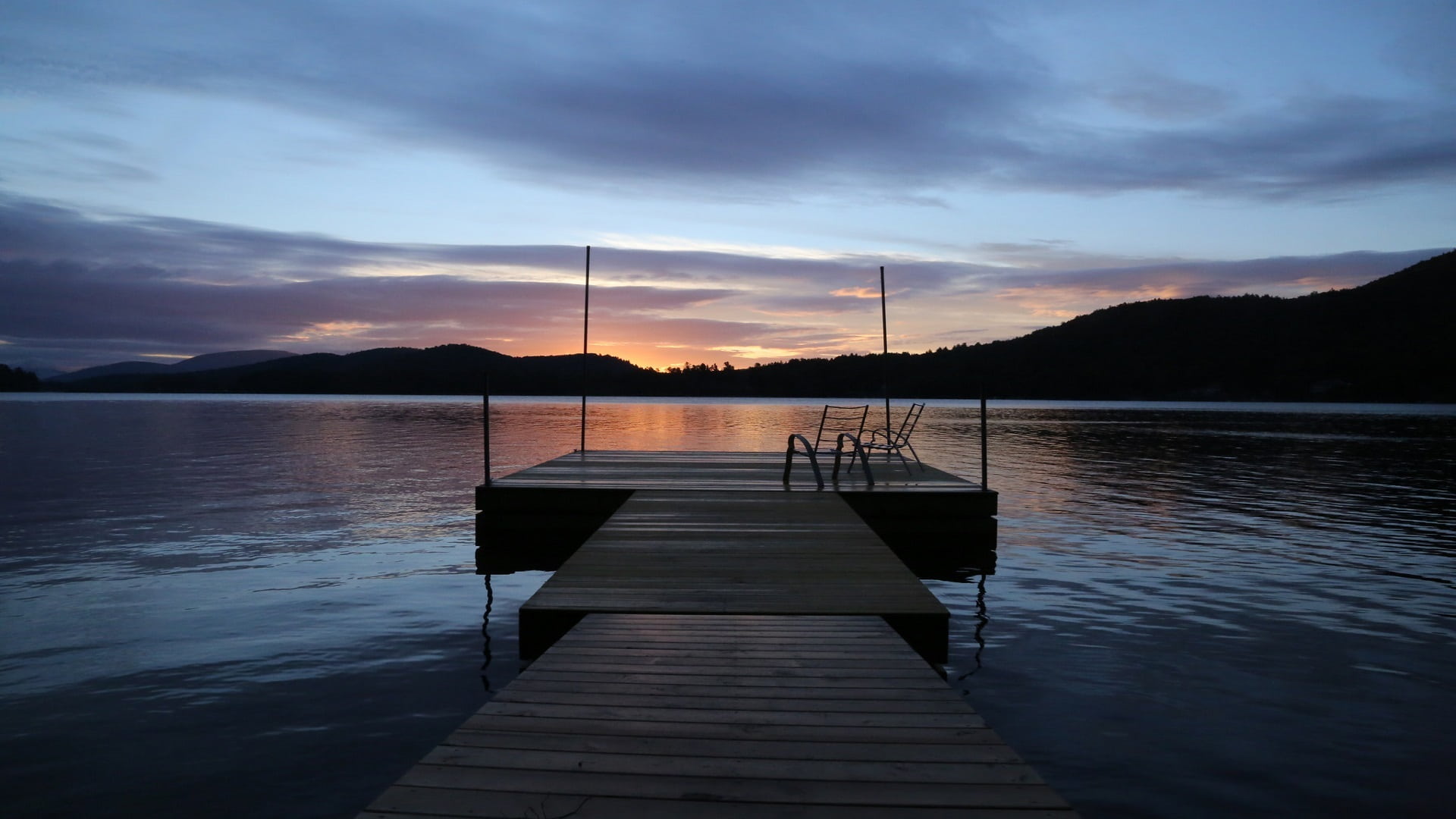 wood - Material, twilight, dusk, mountain, chairs, scenics, tranquility, water, sea, wooden, summer, 1080P, dawn, scenics - nature, jetty, evening, reflection, HD Wallpaper