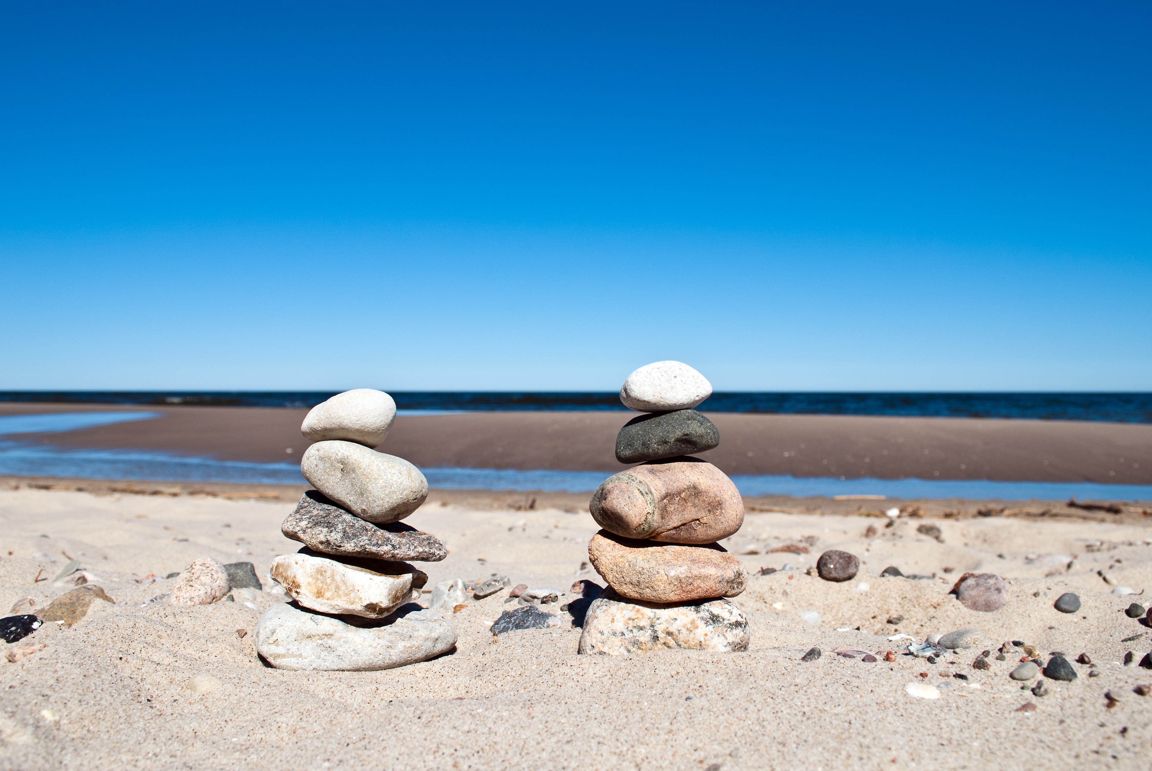 arrangement, patience, tower, no people, coastline, day, zen-like, 2K, stone tower, tranquil Scene, focus, balance, water, blue, colorful, rock, outdoors, HD Wallpaper