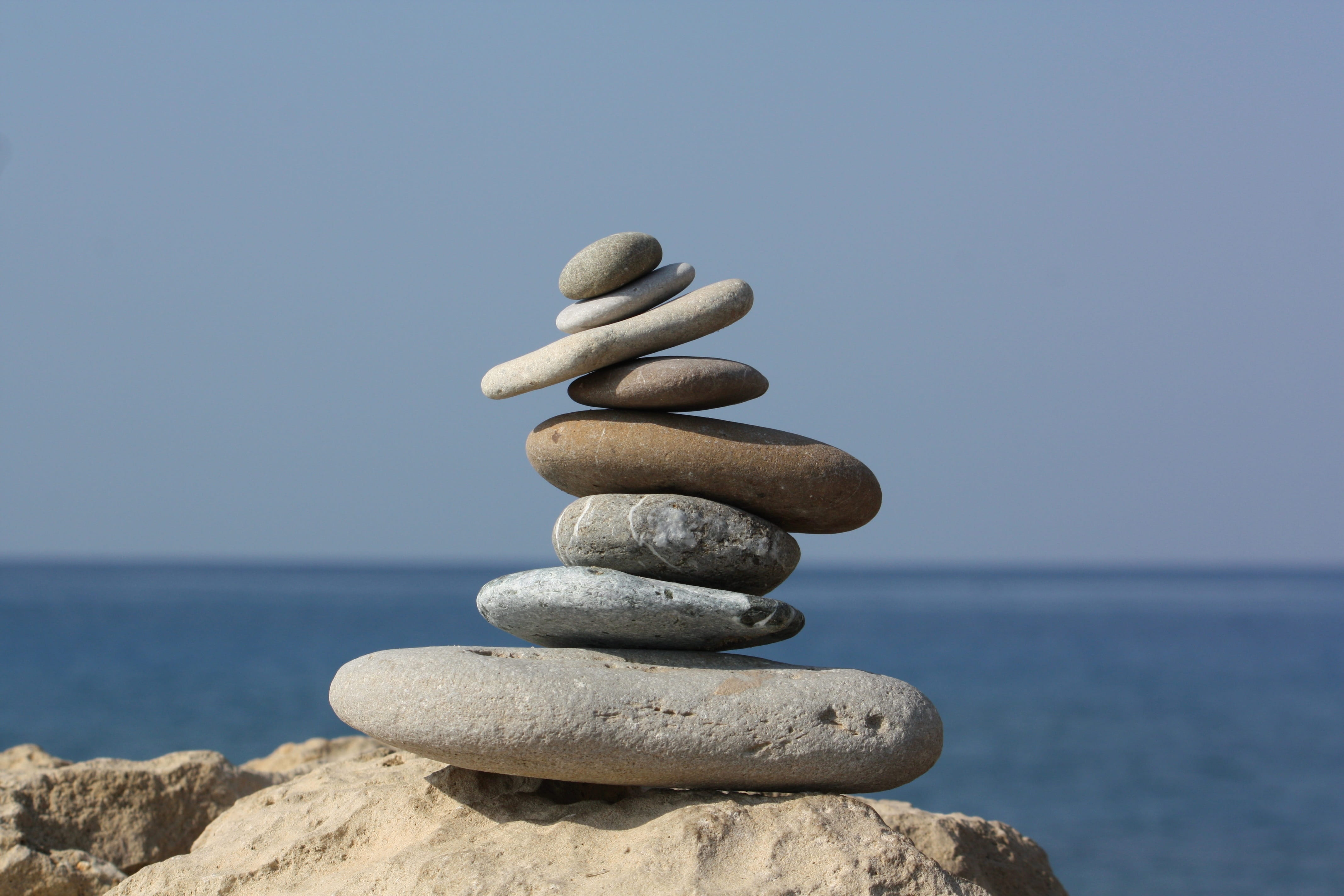 rock - object, blue, force, thinking, pillar, stone tower, solid, spirit, nirvana, reflection, land, nature, outdoors, beach, pebble, relaxation, harmony, HD Wallpaper