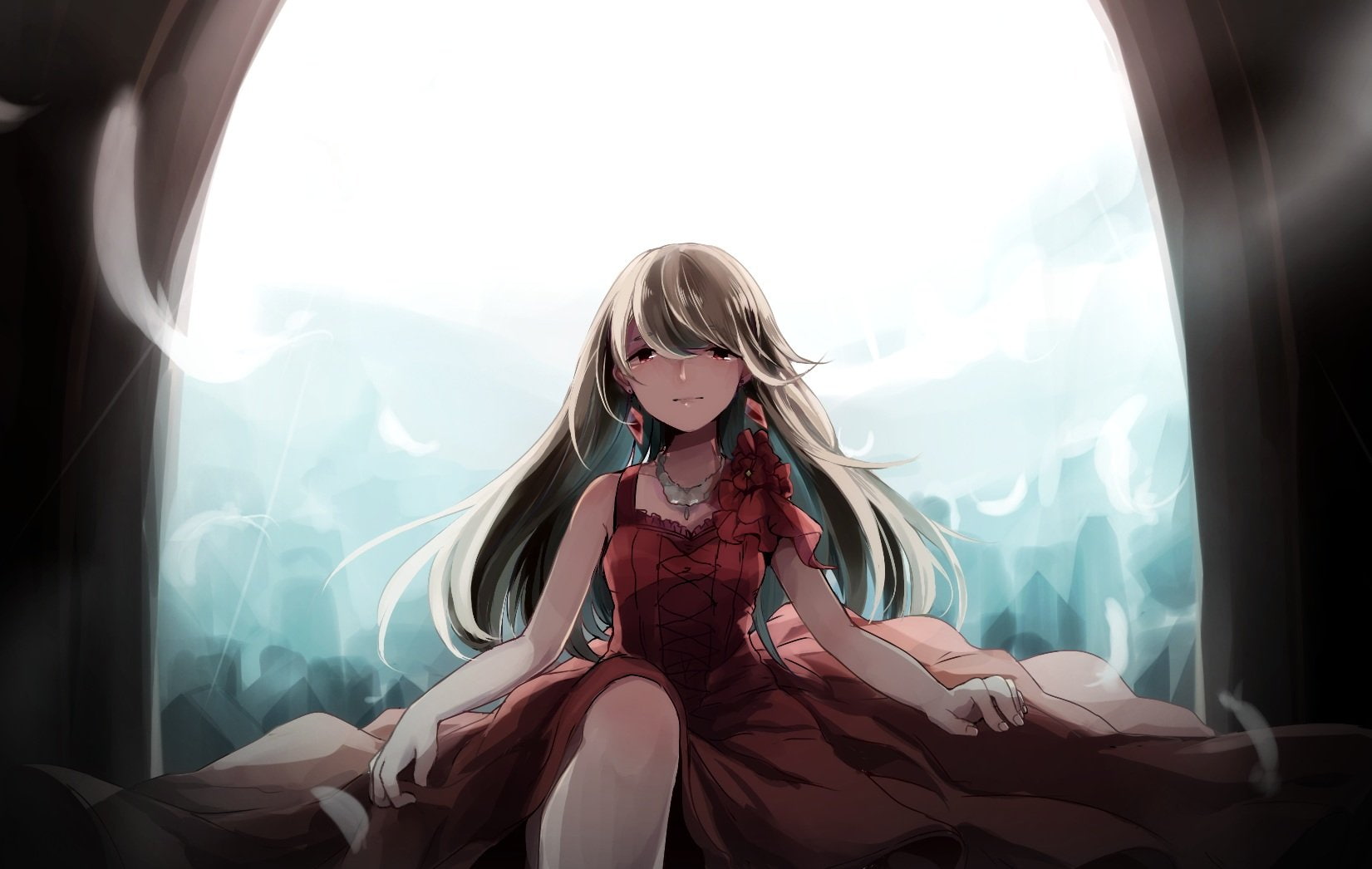 maika, dress, 720P, gray, vocaloid, feathers, chizuru, red, hair, eyes, (ambient), long, HD Wallpaper
