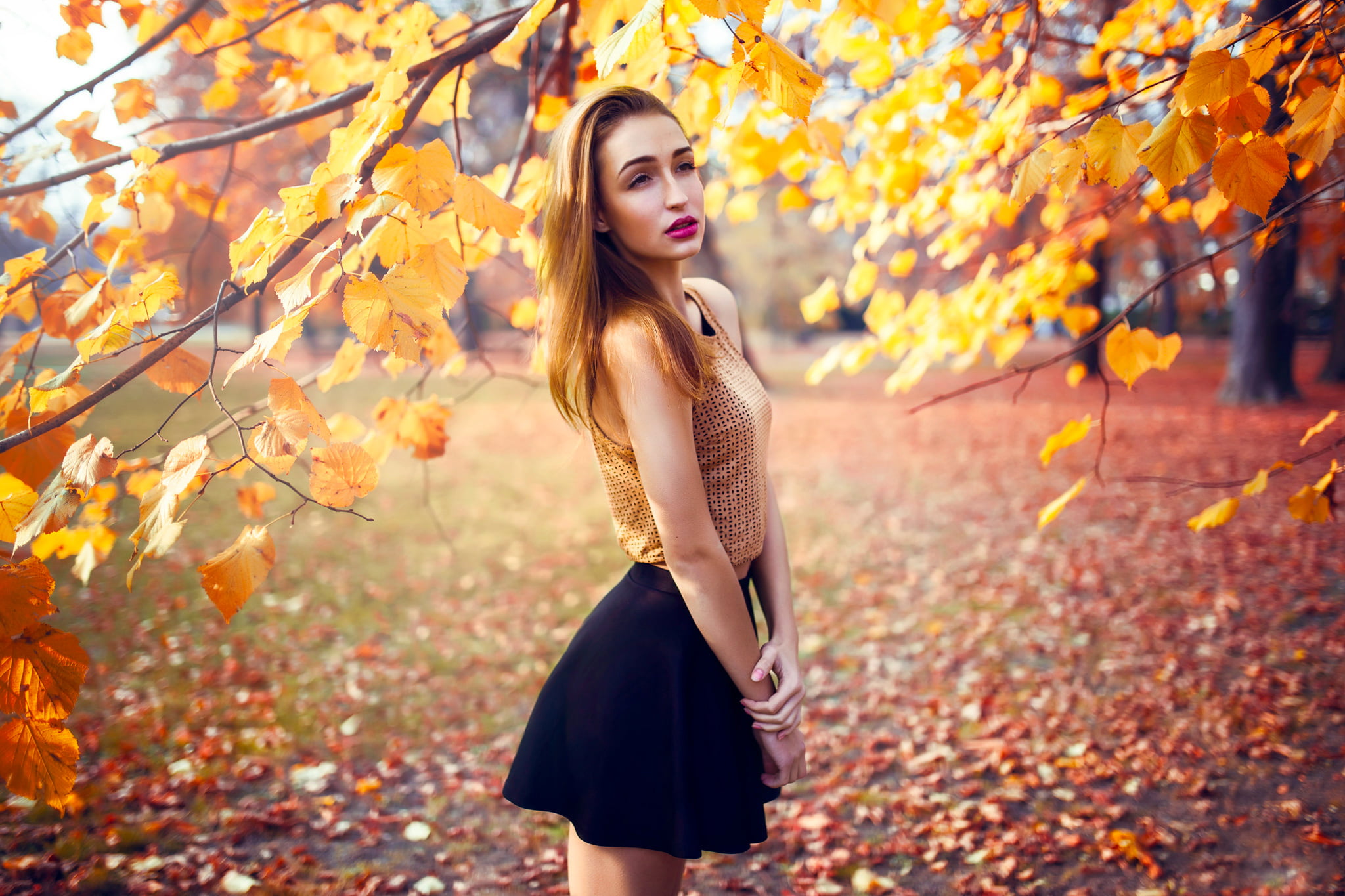 Fall, 1080P, Daylight, Girl, Model, Exterior, Fashion, Autumn, Portrait, Outdoor, Skirt, Tree, Beautiful, Beauty, Leaves, Woman, Ambient, HD Wallpaper