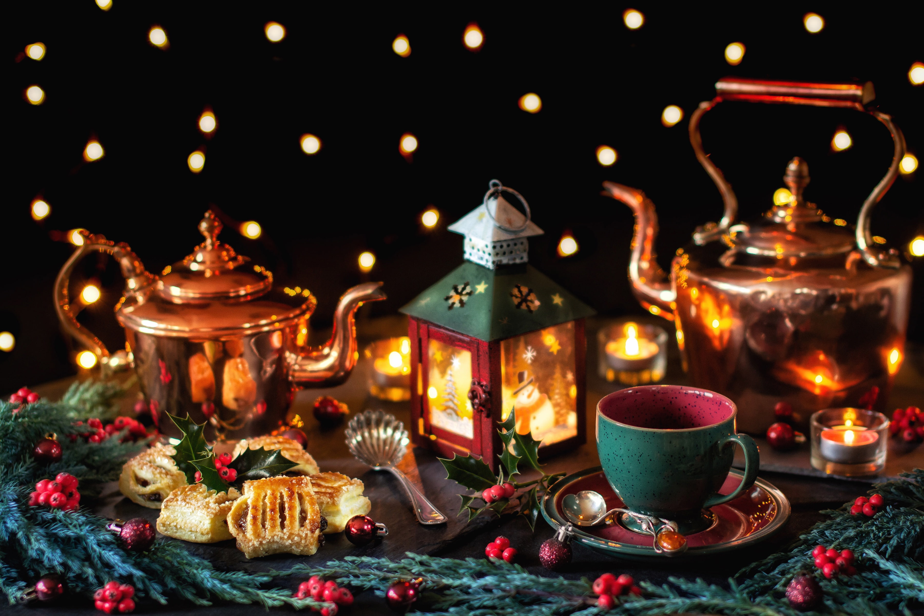 Christmas, branches, style, cookies, still life, mug, kettle, 2K, cakes, lantern, HD Wallpaper