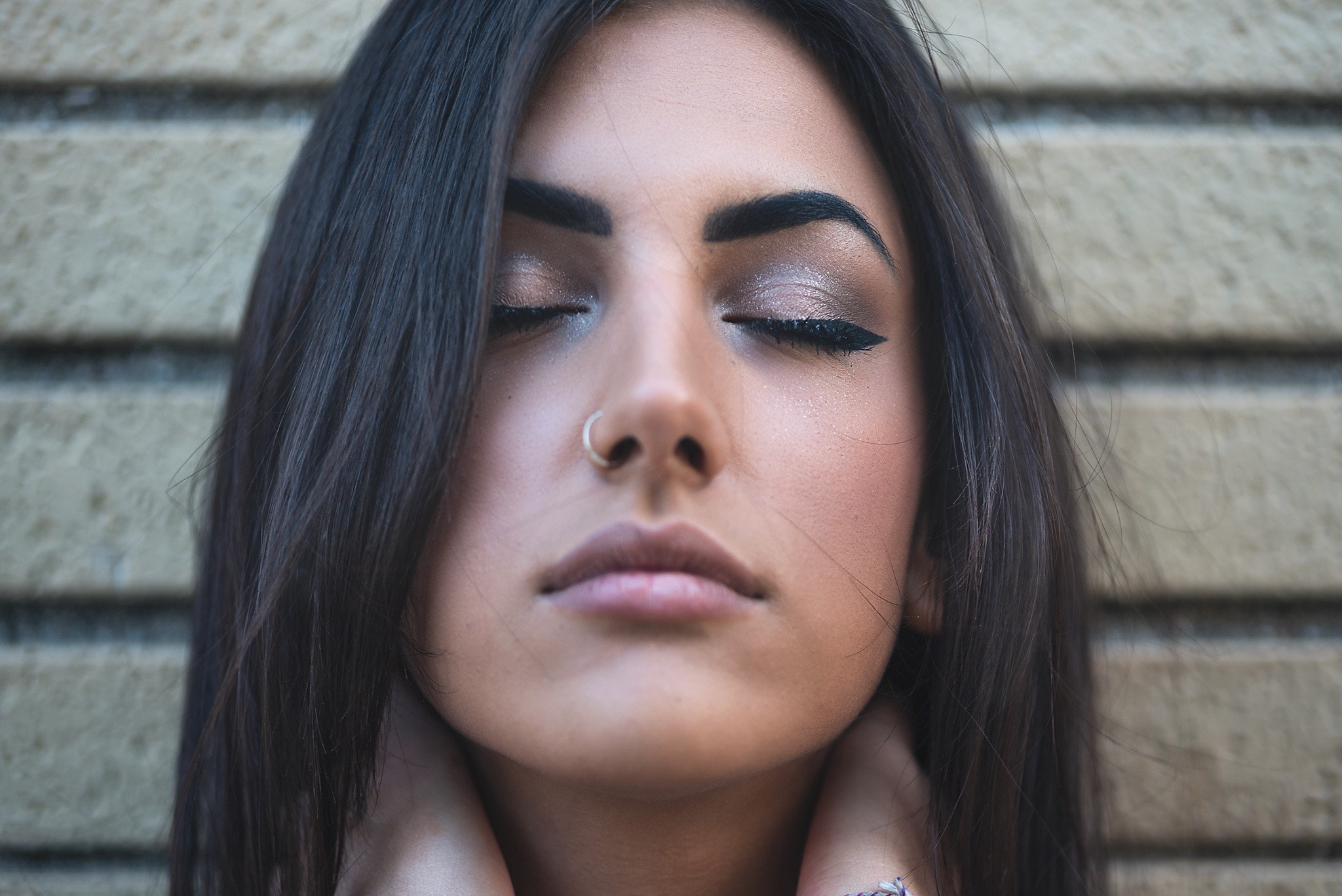 portrait, women, nose rings, face, 1080P, eyeliner, closed eyes, HD Wallpaper