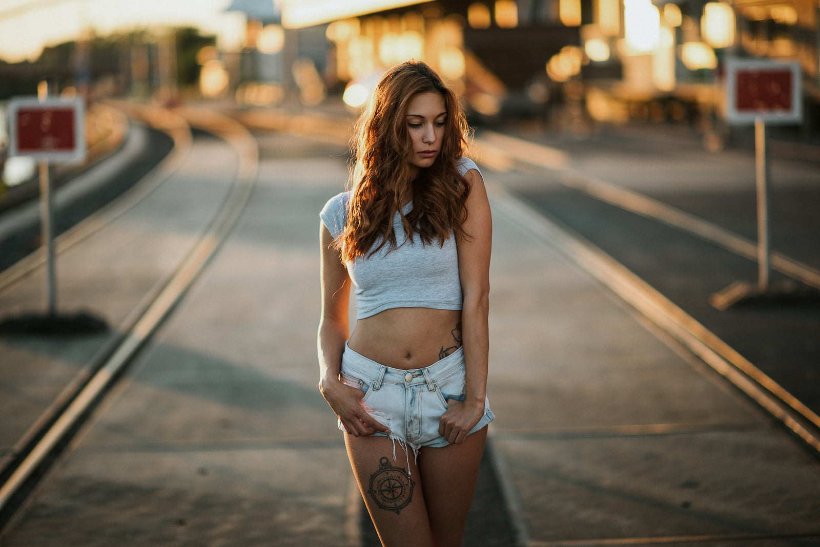 beautiful woman, three quarter length, outdoors, track, long hair, focus on foreground, tattoo, young adult, front view, looking at camera, Victoria Ryzhevolosaya, HD Wallpaper